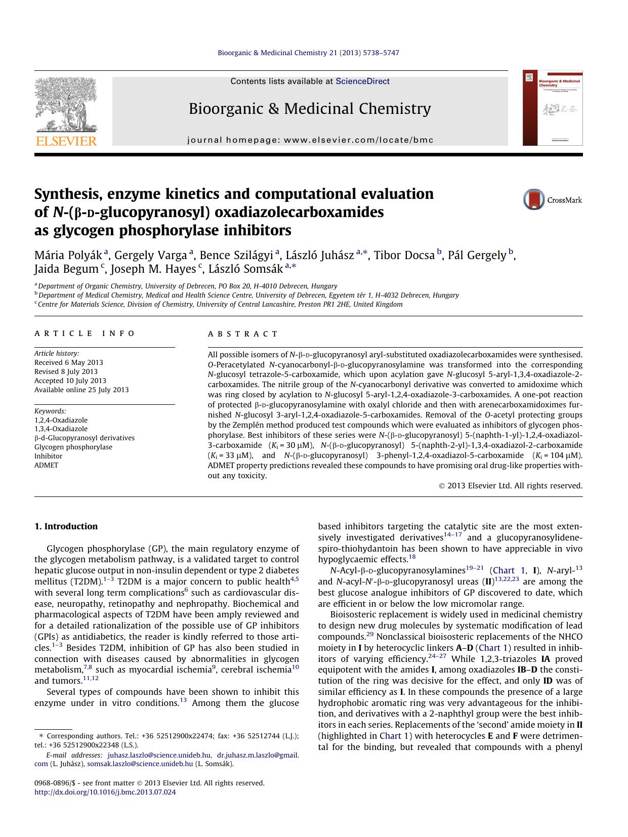 Synthesis, enzyme kinetics and computational evaluation of N-(Î²-d-glucopyranosyl) oxadiazolecarboxamides as glycogen phosphorylase inhibitors by unknow
