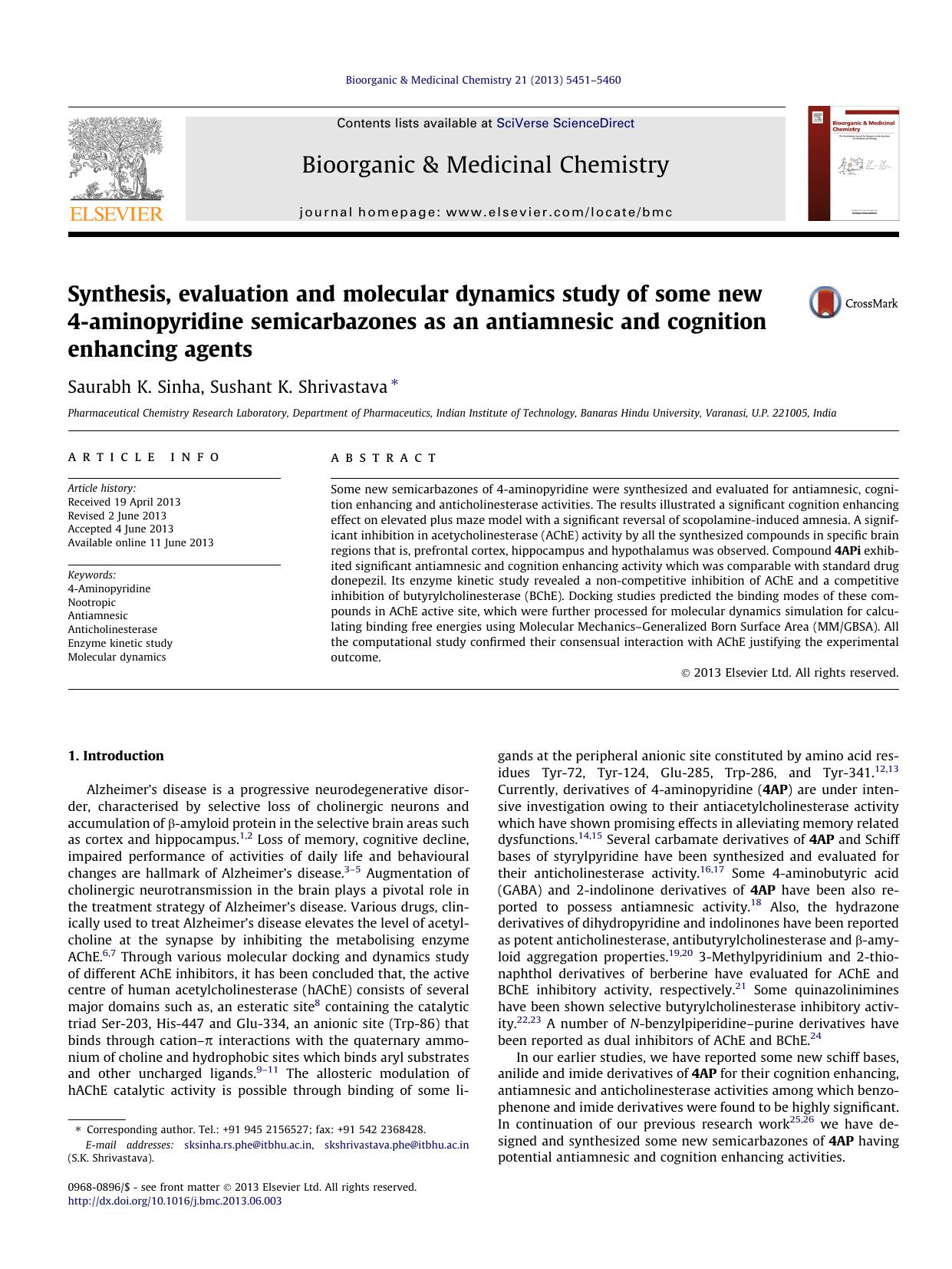 Synthesis, evaluation and molecular dynamics study of some new 4-aminopyridine semicarbazones as an antiamnesic and cognition enhancing agents by Saurabh K. Sinha & Sushant K. Shrivastava