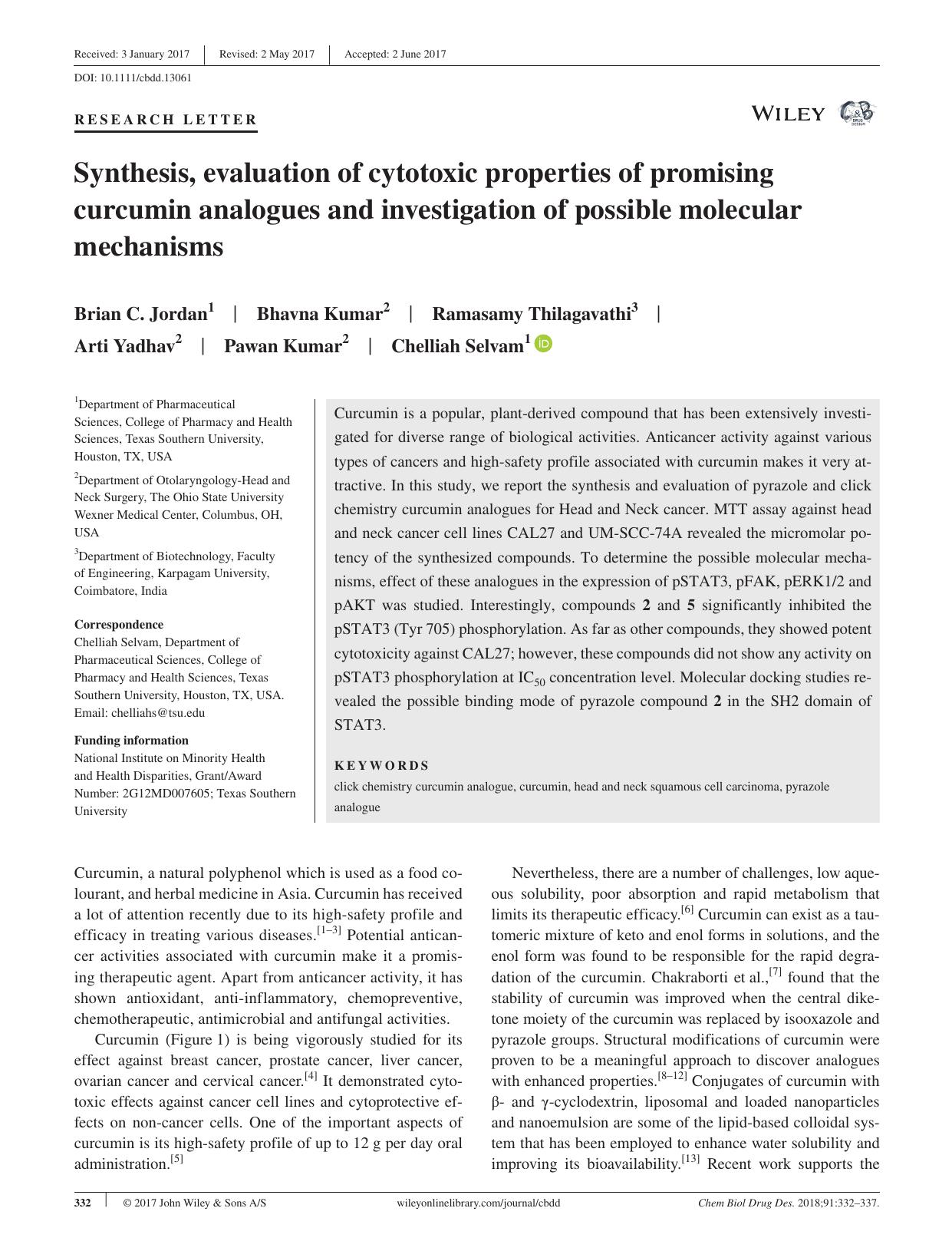 Synthesis, evaluation of cytotoxic properties of promising curcumin analogues and investigation of possible molecular mechanisms by unknow