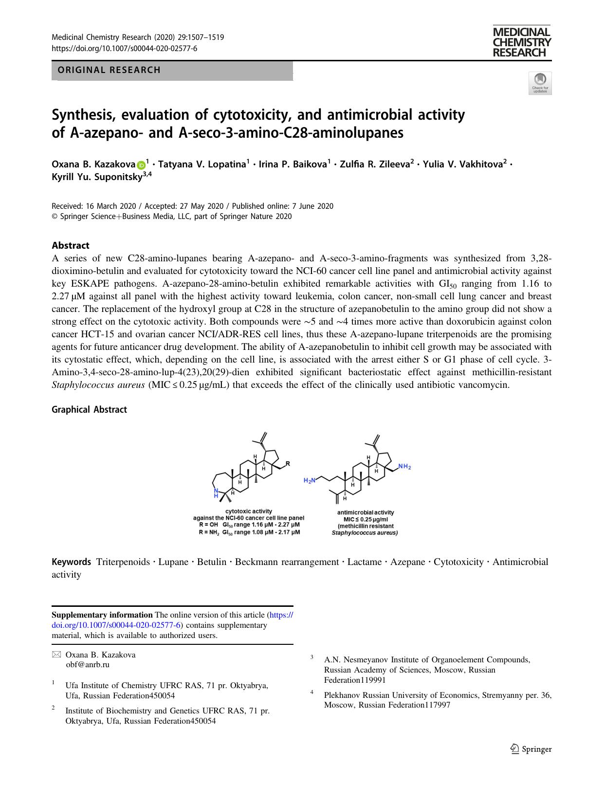 Synthesis, evaluation of cytotoxicity, and antimicrobial activity of A-azepano- and A-seco-3-amino-C28-aminolupanes by unknow