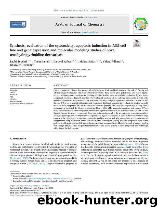 Synthesis, evaluation of the cytotoxicity, apoptosis induction in AGS cell line and gene expression and molecular modeling studies of novel tetrahydropyrimidine derivatives by Saghi Sepehri & Yasin Panahi & Daniyal Abbasi & Mahsa Jafari & Vahed Adhami & Ghazaleh Farhadi