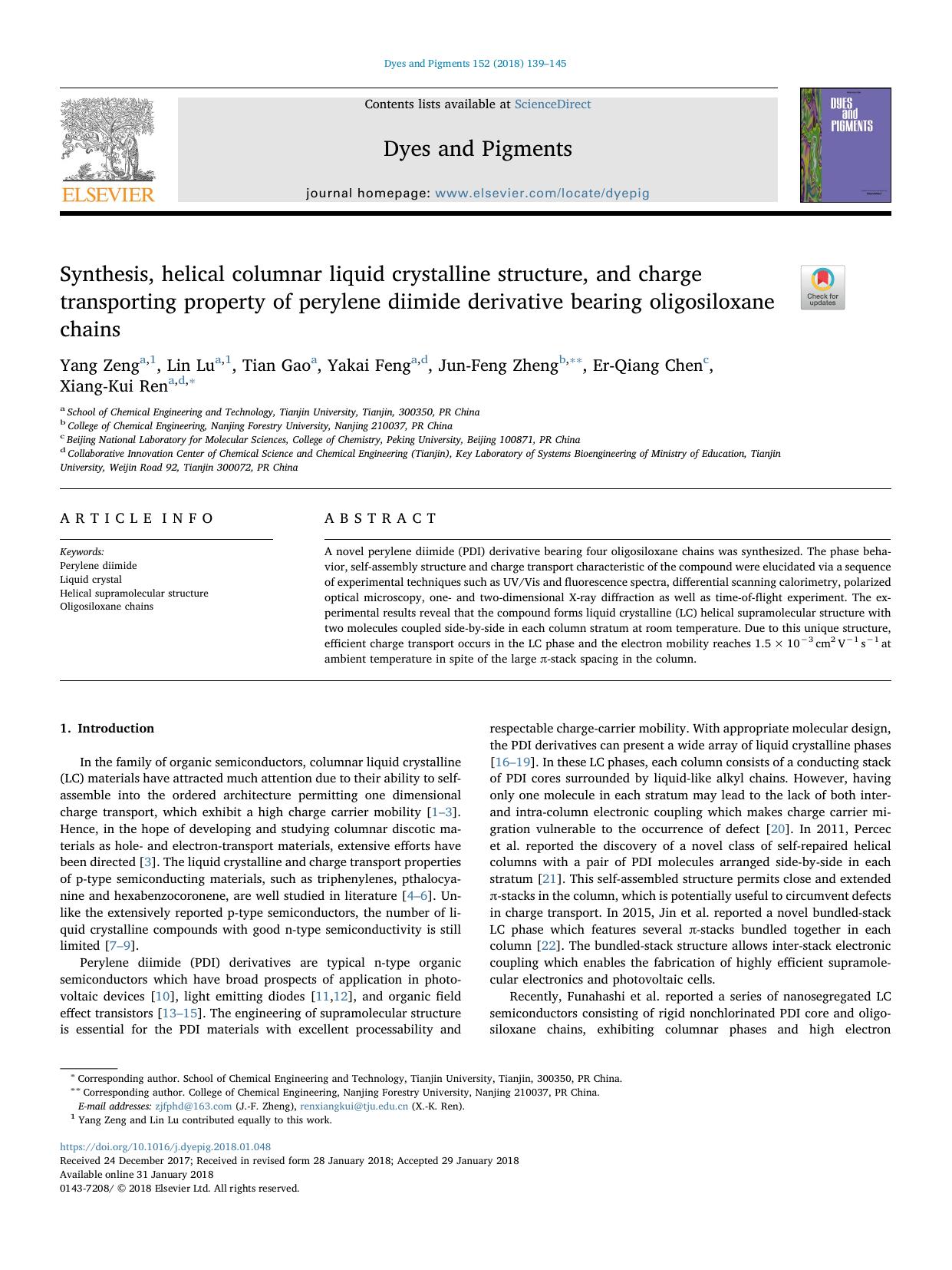 Synthesis, helical columnar liquid crystalline structure, and charge transporting property of perylene diimide derivative bearing oligosiloxane chains by Yang Zeng & Lin Lu & Tian Gao & Yakai Feng & Jun-Feng Zheng & Er-Qiang Chen & Xiang-Kui Ren