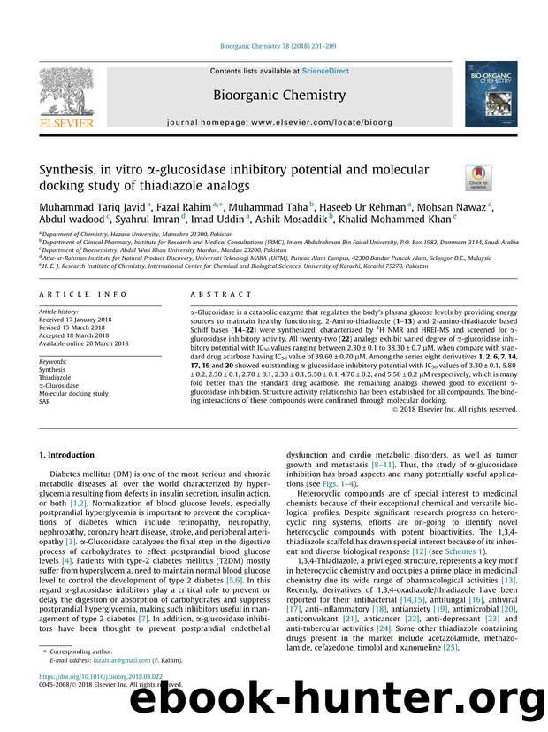 Synthesis, in vitro ÃÂ±-glucosidase inhibitory potential and molecular docking study of thiadiazole analogs by Muhammad Tariq Javid