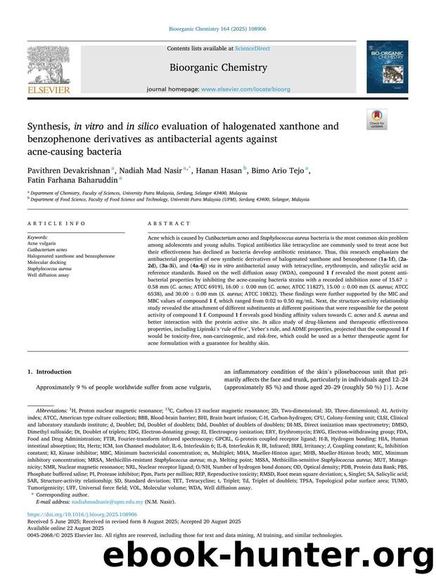 Synthesis, in vitro and in silico evaluation of halogenated xanthone and benzophenone derivatives as antibacterial agents against acne-causing bacteria by Pavithren Devakrishnan & Nadiah Mad Nasir & Hanan Hasan & Bimo Ario Tejo & Fatin Farhana Baharuddin