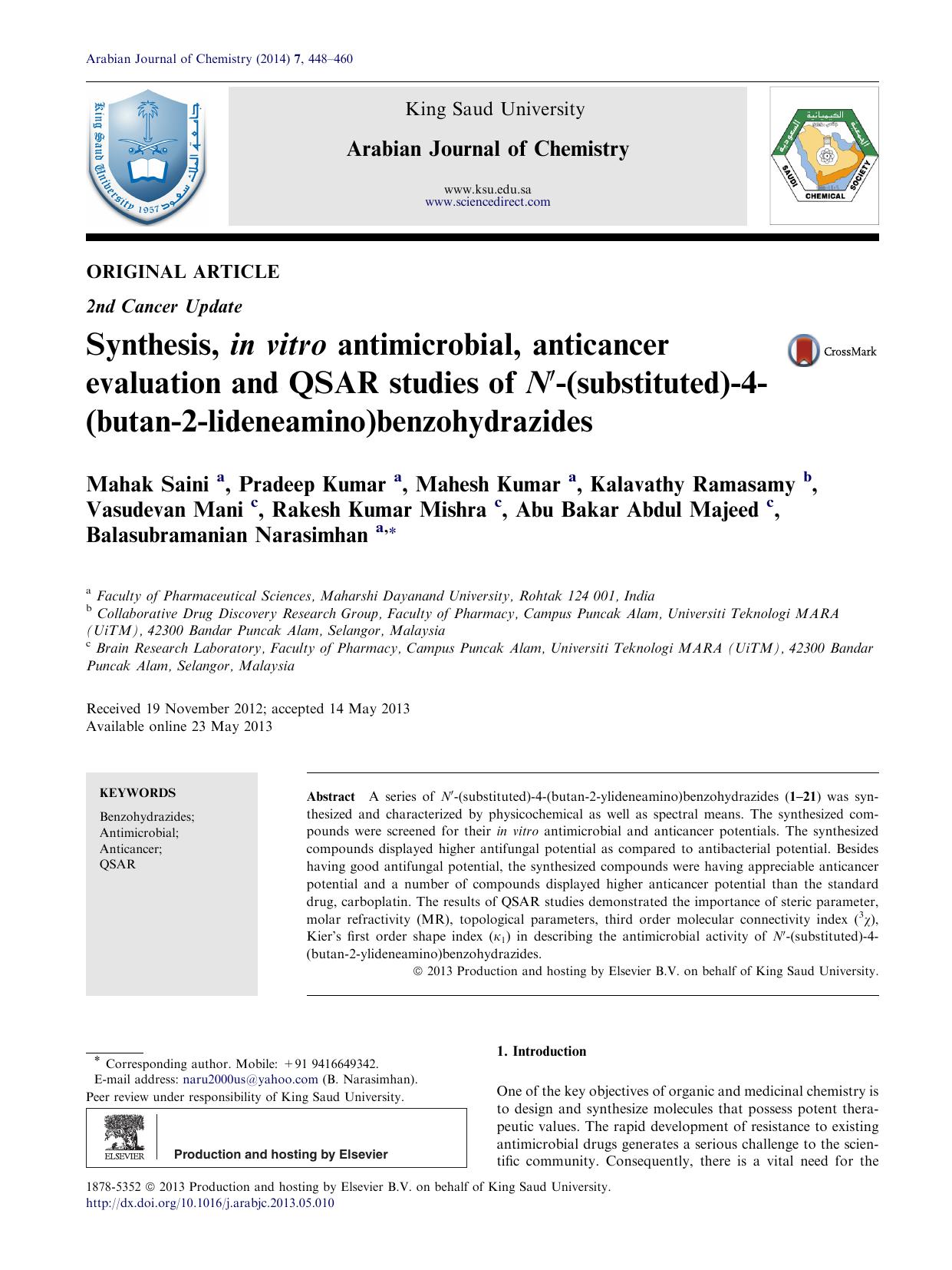 Synthesis, in vitro antimicrobial, anticancer evaluation and QSAR studies of Nâ²-(substituted)-4-(butan-2-lideneamino)benzohydrazides by unknow
