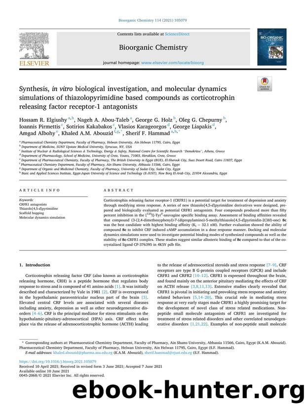 Synthesis, in vitro biological investigation, and molecular dynamics simulations of thiazolopyrimidine based compounds as corticotrophin releasing factor receptor-1 antagonists by unknow