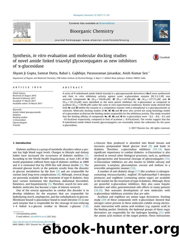 Synthesis, in vitro evaluation and molecular docking studies of novel amide linked triazolyl glycoconjugates as new inhibitors of ÃÂ±-glucosidase by Shyam Ji Gupta & Samrat Dutta & Rahul L. Gajbhiye & Parasuraman Jaisankar & Asish Kumar Sen