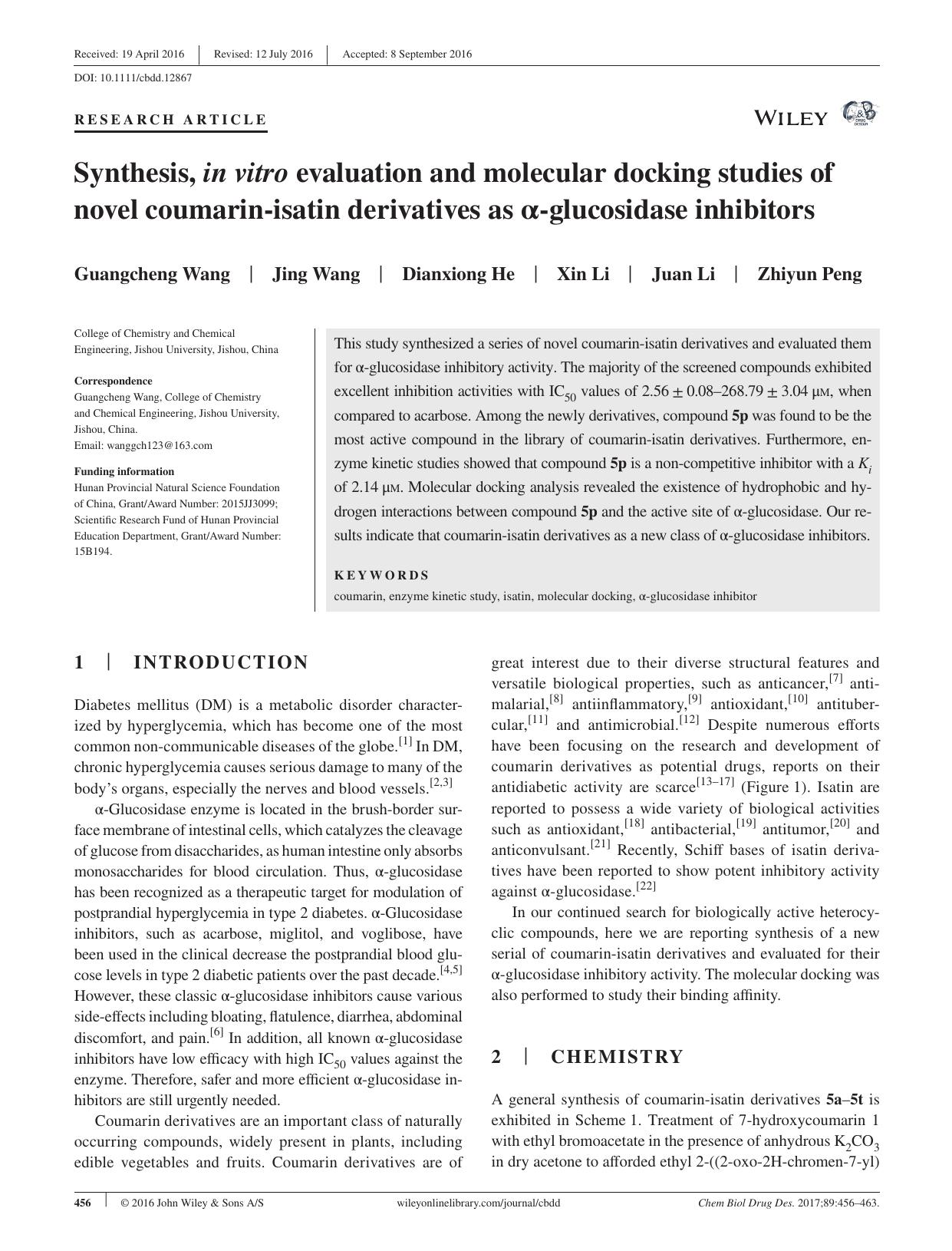 Synthesis, in vitro evaluation and molecular docking studies of novel coumarin‐isatin derivatives as α‐glucosidase inhibitors by unknow
