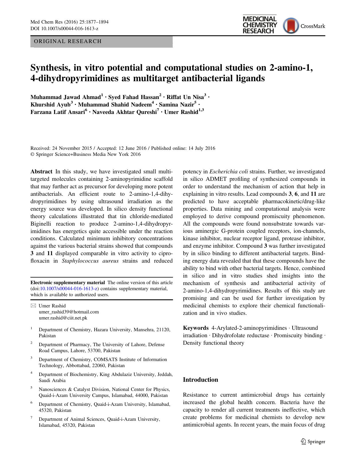 Synthesis, in vitro potential and computational studies on 2-amino-1,4-dihydropyrimidines as multitarget antibacterial ligands by unknow