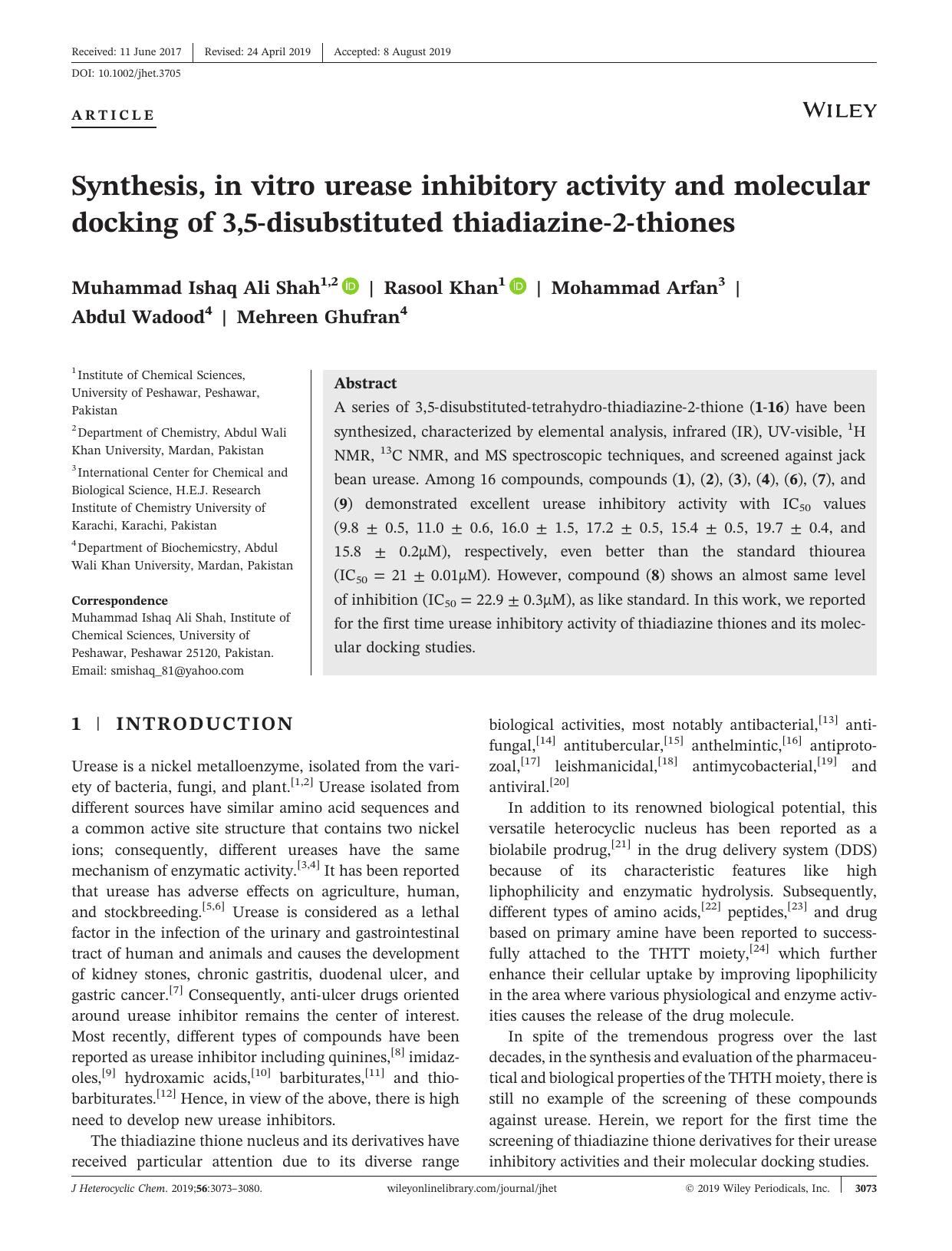 Synthesis, in vitro urease inhibitory activity and molecular docking of 3,5âdisubstituted thiadiazineâ2âthiones by Muhammad Ishaq Ali Shah Rasool Khan Mohammad Arfan Abdul Wadood Mehreen Ghufran