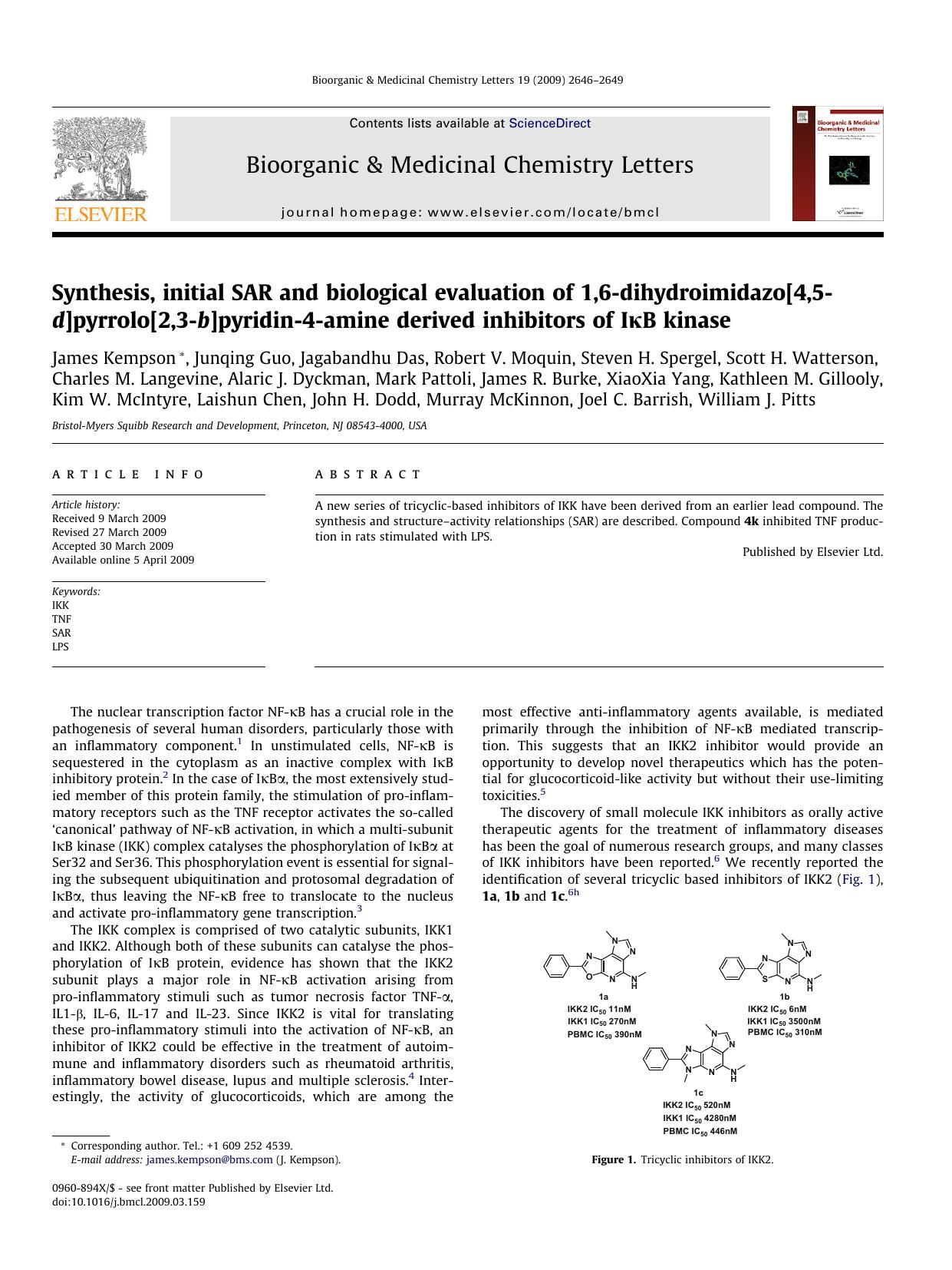 Synthesis, initial SAR and biological evaluation of 1,6-dihydroimidazo[4,5-d]pyrrolo[2,3-b]pyridin-4-amine derived inhibitors of IÎºB kinase by unknow