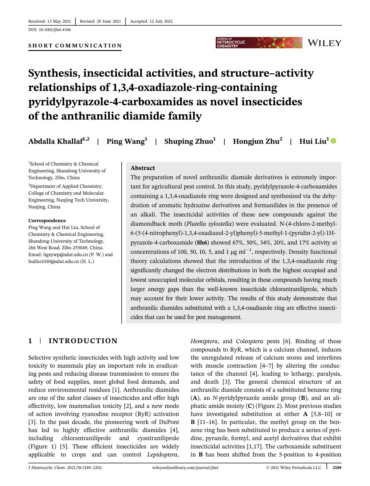 Synthesis, insecticidal activities, and structure-activity relationships of 1,3,4-oxadiazole-ring-containing pyridylpyrazole-4-carboxamides as novel insecticides of the anthranilic diamide family by Unknown