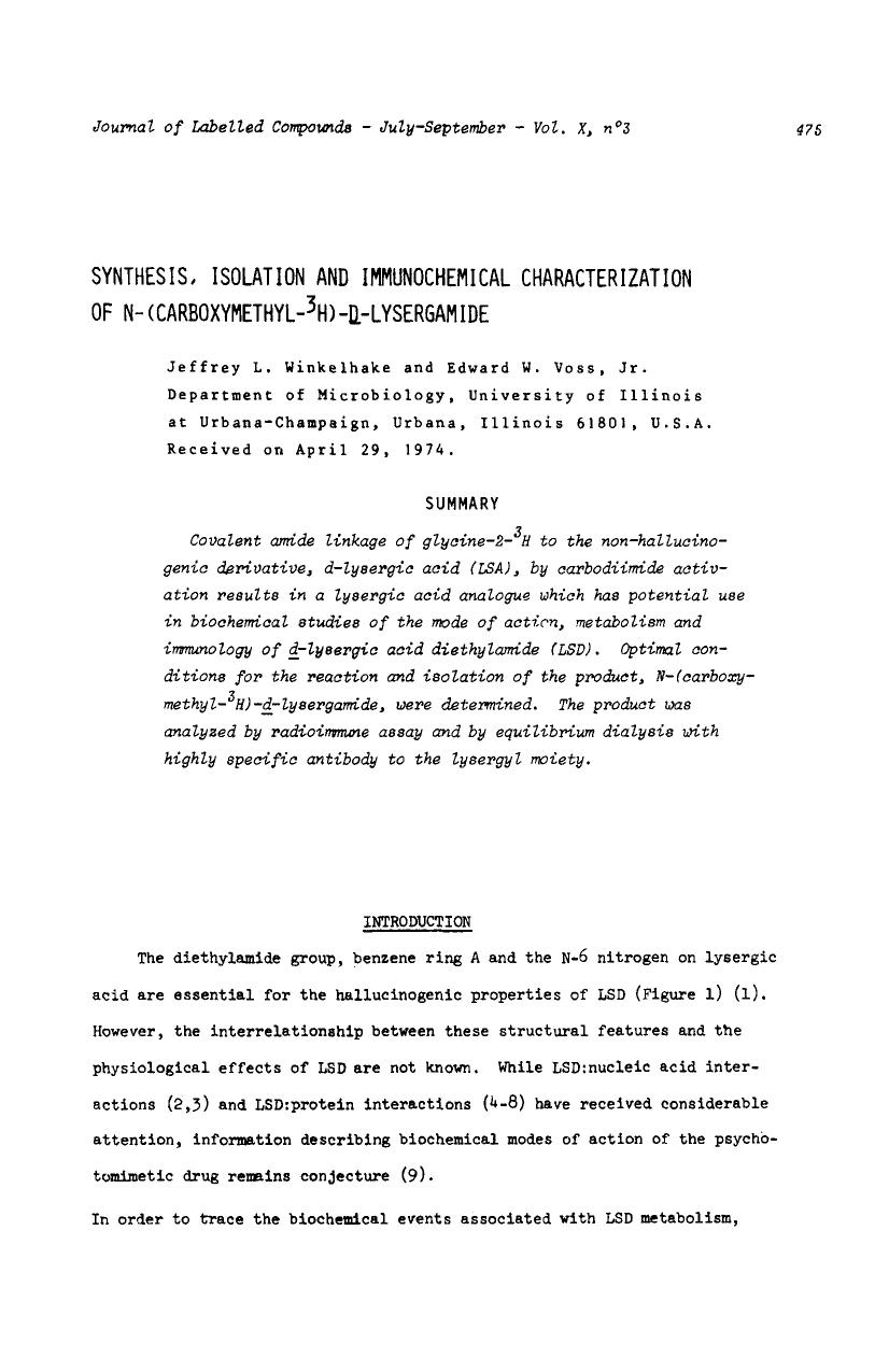 Synthesis, isolation and immunochemical characterization of N-(carboxymethyl-3H)-D-lysergamide by Unknown