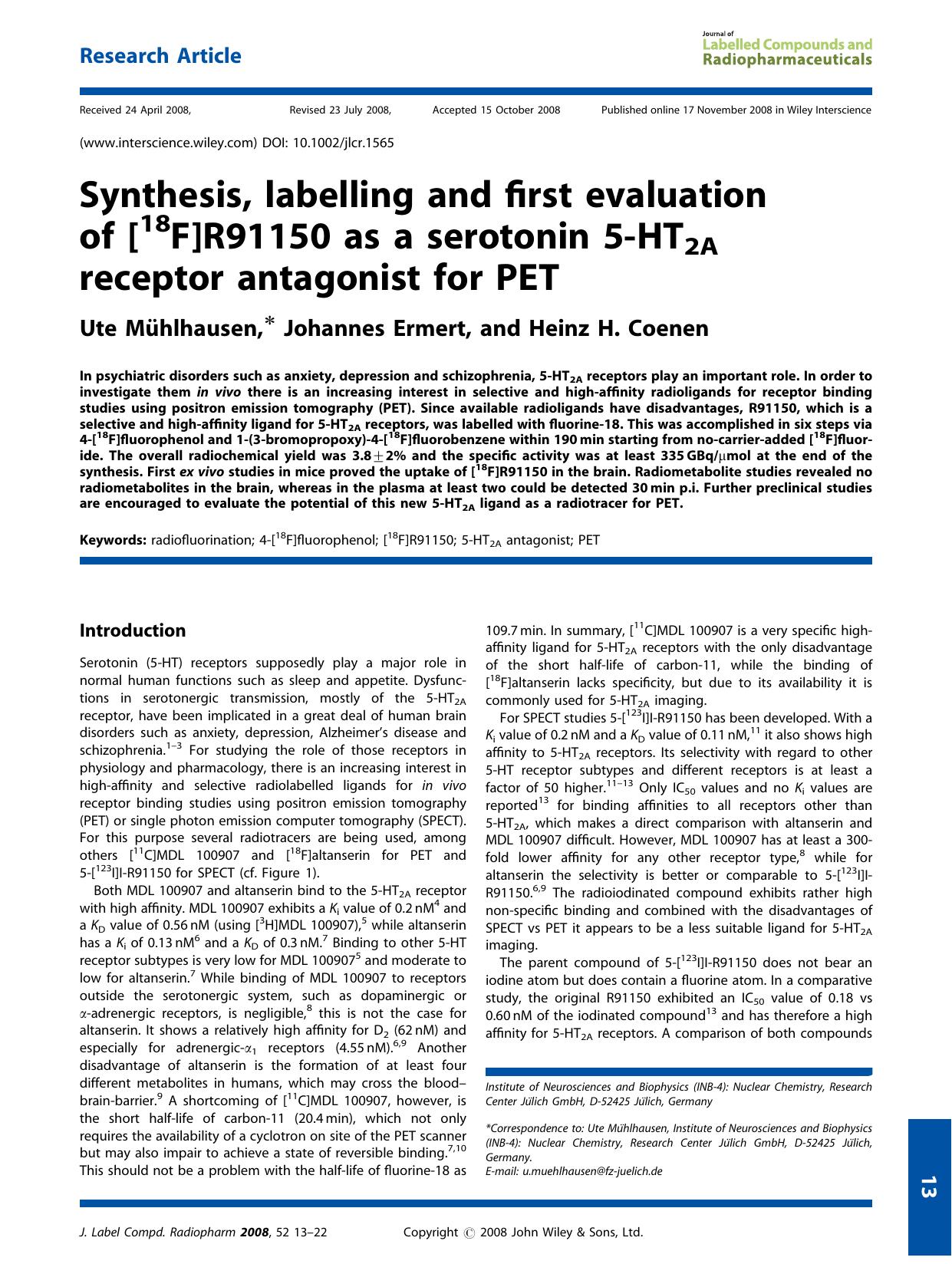Synthesis, labelling and first evaluation of [18F]R91150 as a serotonin 5-HT2A receptor antagonist for PET by Unknown
