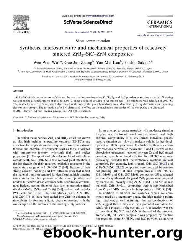 Synthesis, microstructure and mechanical properties of reactively sintered ZrB2amp#x02013;SiCamp#x02013;ZrN composites by Wen-Wen Wu & Guo-Jun Zhang & Yan-Mei Kan & Yoshio Sakka