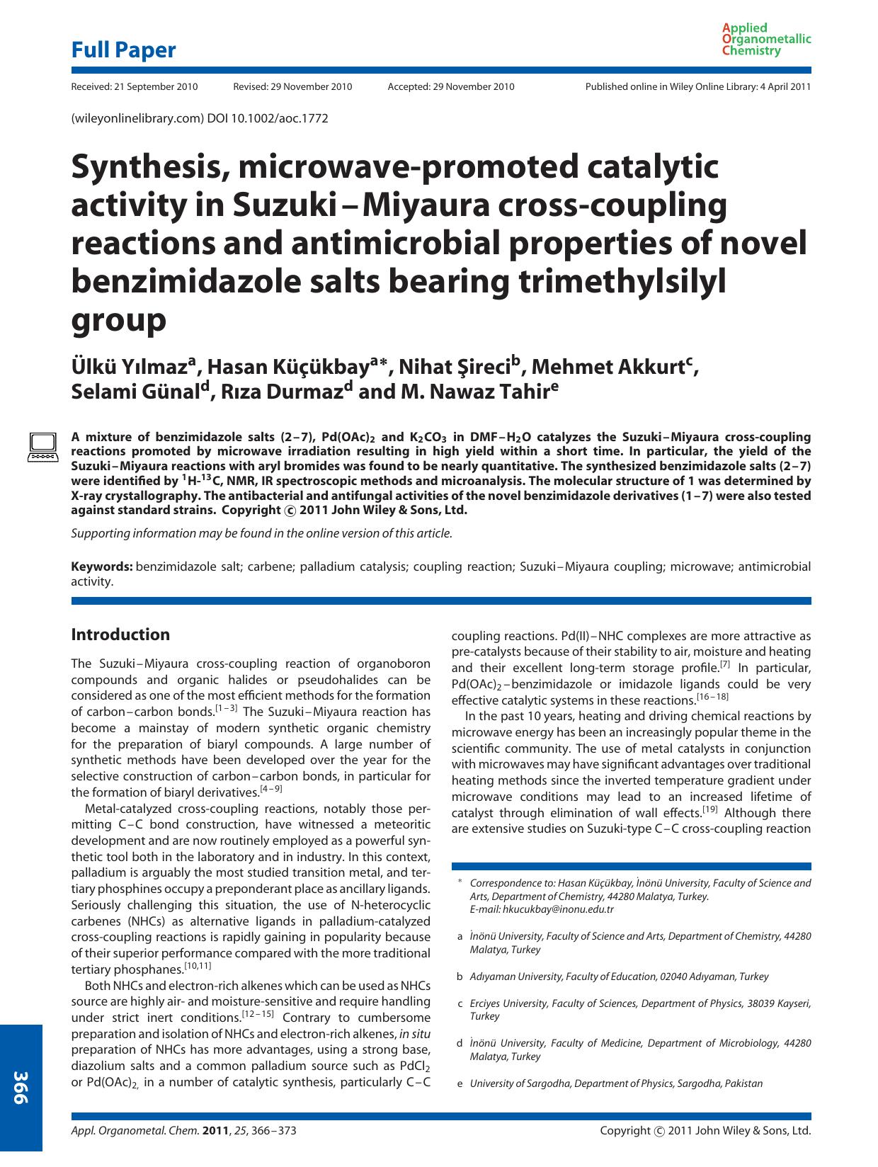 Synthesis, microwavepromoted catalytic activity in SuzukiMiyaura crosscoupling reactions and antimicrobial properties of novel benzimidazole salts bearing trimethylsilyl group by Unknown