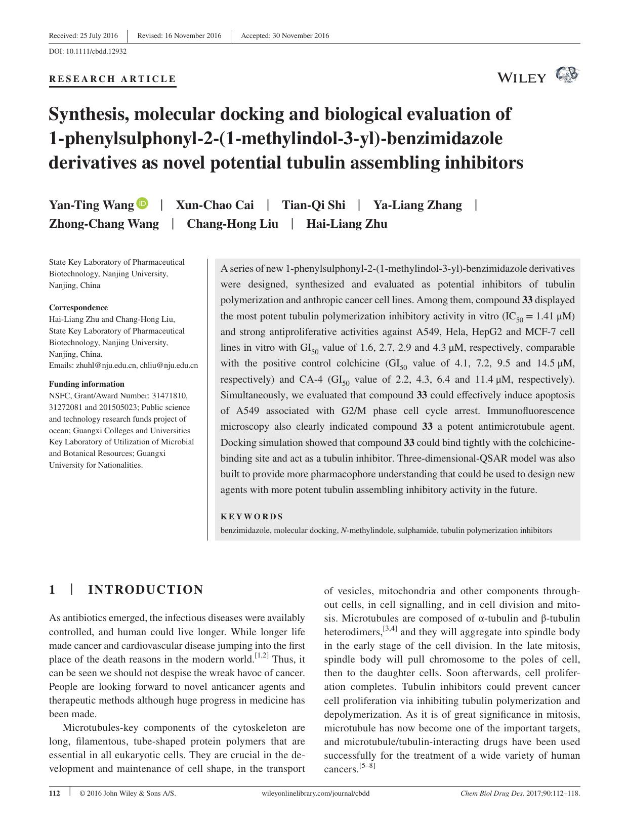 Synthesis, molecular docking and biological evaluation of 1‐phenylsulphonyl‐2‐(1‐methylindol‐3‐yl)‐benzimidazole derivatives as novel potential tubulin assembling inhibitors by unknow