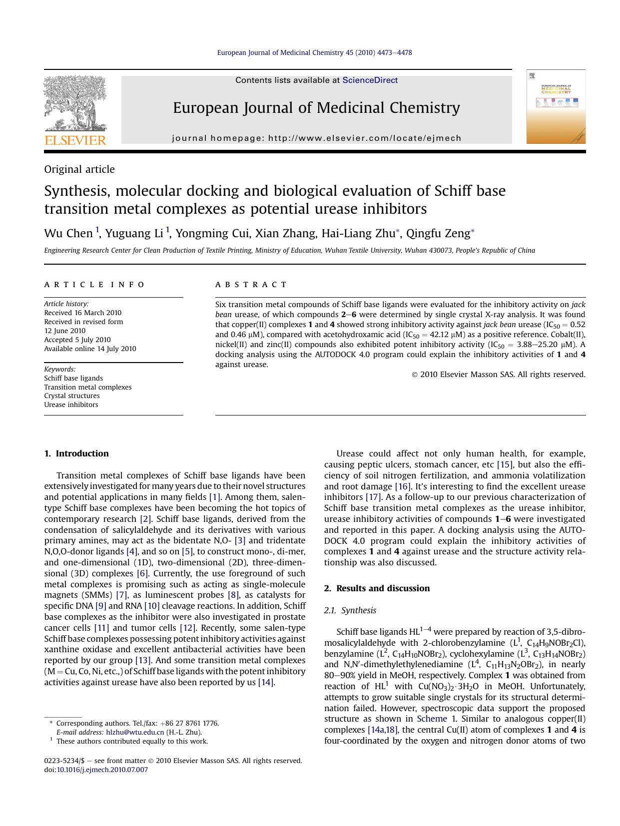 Synthesis, molecular docking and biological evaluation of Schiff base transition metal complexes as potential urease inhibitors by Wu Chen & Yuguang Li & Yongming Cui & Xian Zhang & Hai-Liang Zhu & Qingfu Zeng