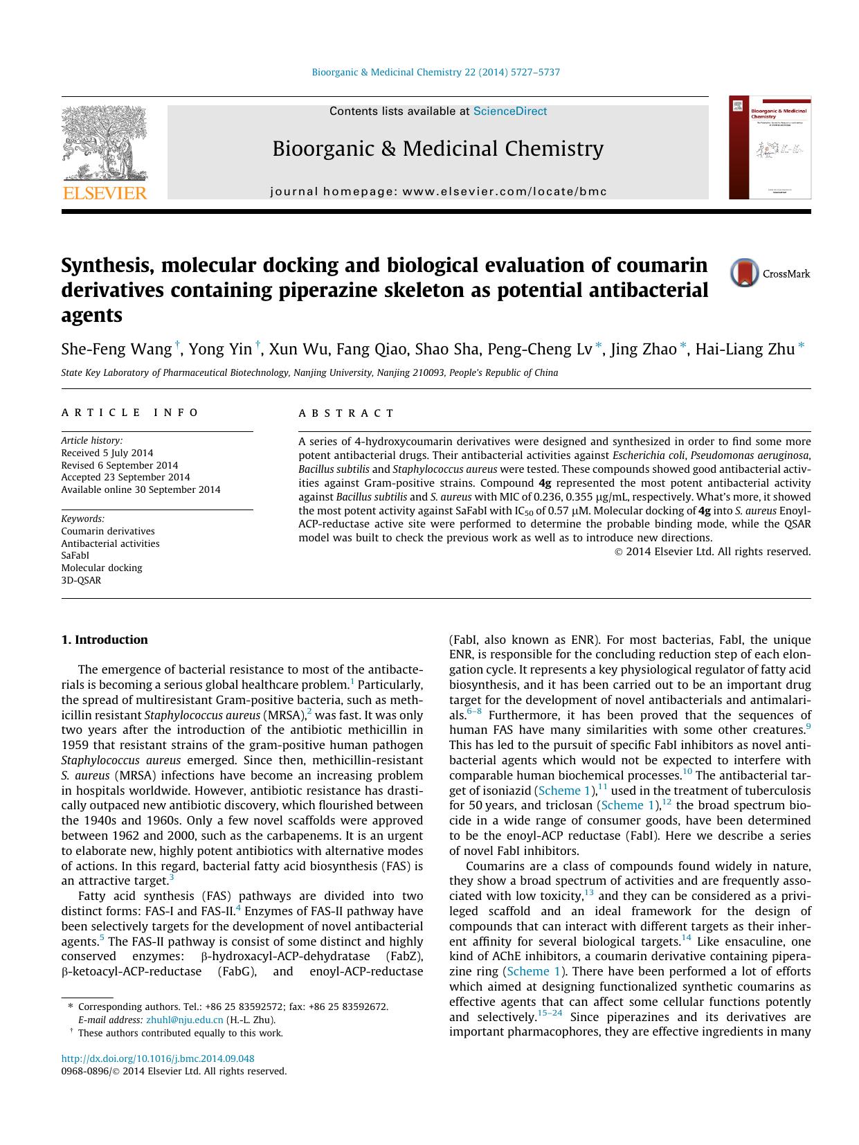 Synthesis, molecular docking and biological evaluation of coumarin derivatives containing piperazine skeleton as potential antibacterial agents by She-Feng Wang & Yong Yin & Xun Wu & Fang Qiao & Shao Sha & Peng-Cheng Lv & Jing Zhao & Hai-Liang Zhu