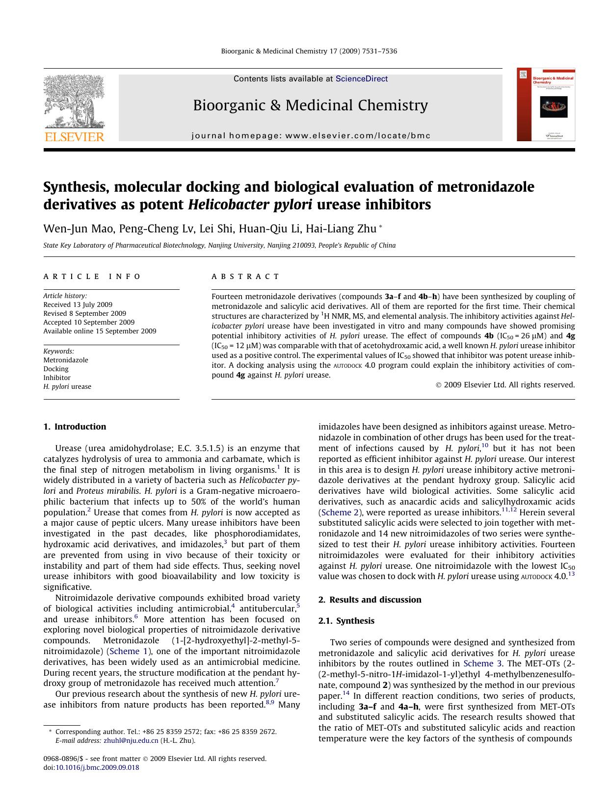Synthesis, molecular docking and biological evaluation of metronidazole derivatives as potent Helicobacter pylori urease inhibitors by Wen-Jun Mao; Peng-Cheng Lv; Lei Shi; Huan-Qiu Li; Hai-Liang Zhu