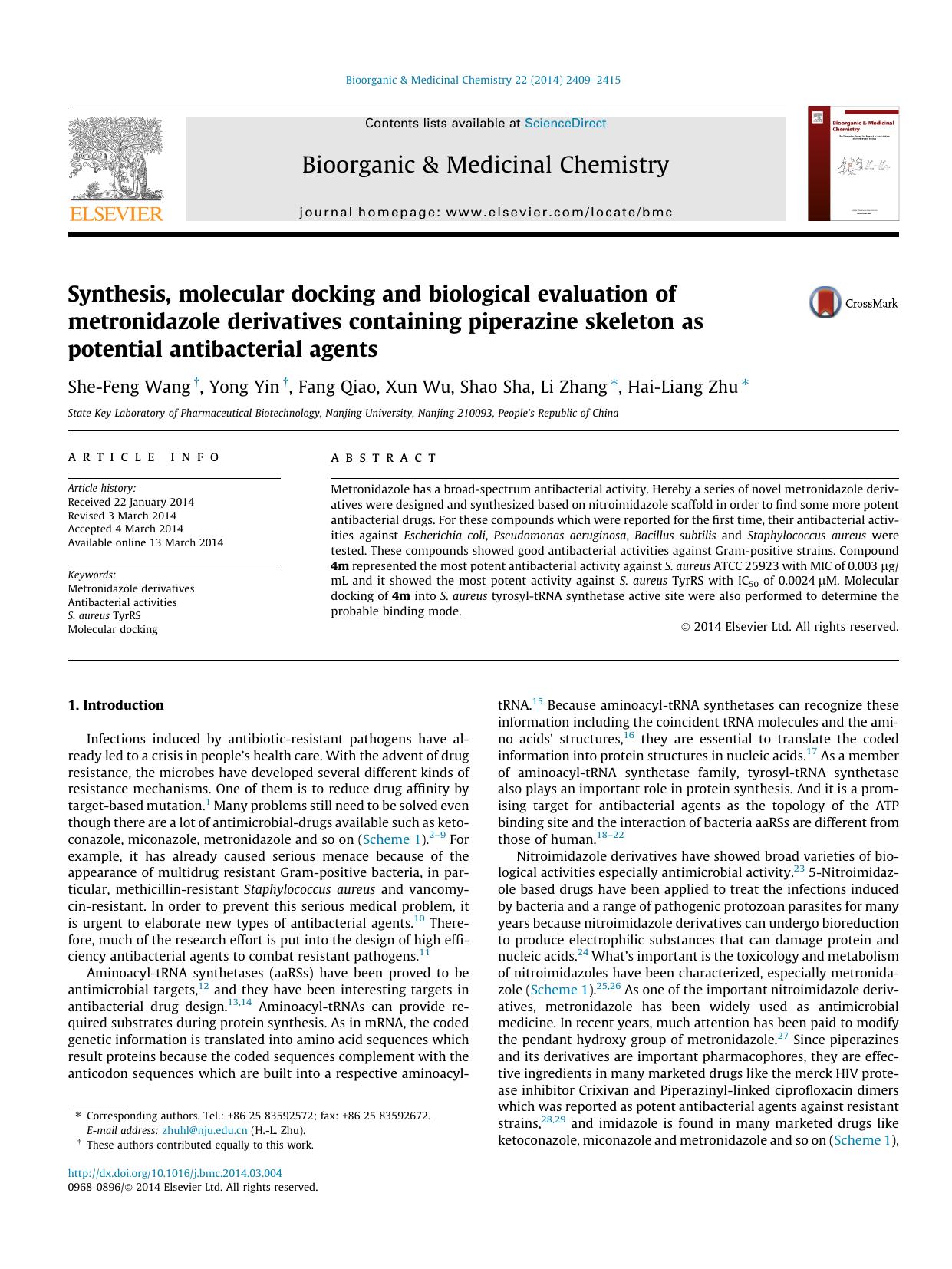 Synthesis, molecular docking and biological evaluation of metronidazole derivatives containing piperazine skeleton as potential antibacterial agents by She-Feng Wang & Yong Yin & Fang Qiao & Xun Wu & Shao Sha & Li Zhang & Hai-Liang Zhu
