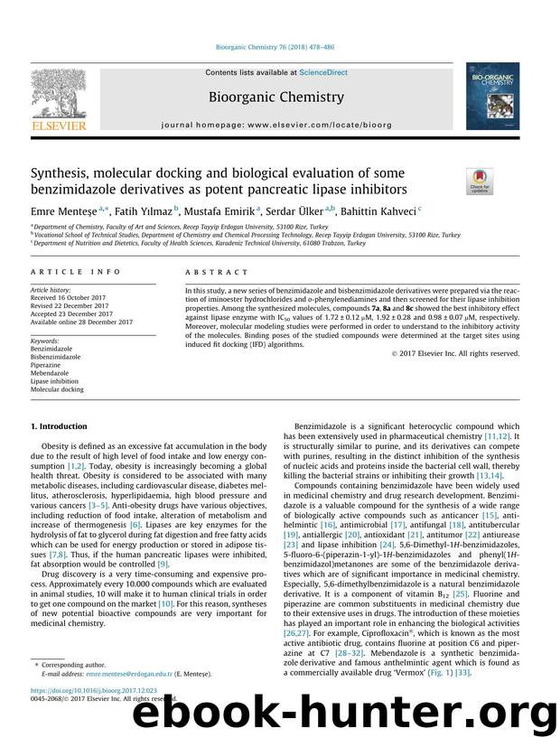 Synthesis, molecular docking and biological evaluation of some benzimidazole derivatives as potent pancreatic lipase inhibitors by Emre MenteÅŸe & Fatih Yılmaz & Mustafa Emirik & Serdar Ülker & Bahittin Kahveci