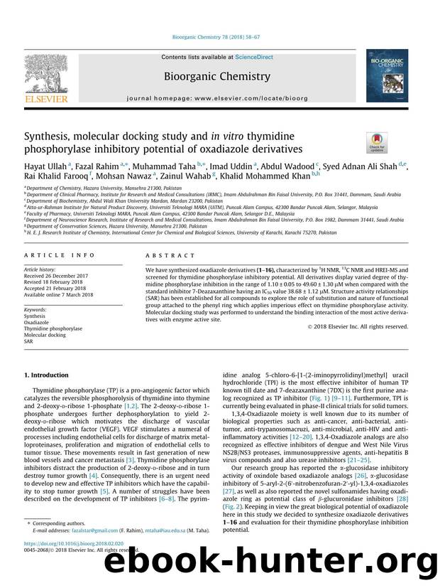 Synthesis, molecular docking study and in vitro thymidine phosphorylase inhibitory potential of oxadiazole derivatives by unknow