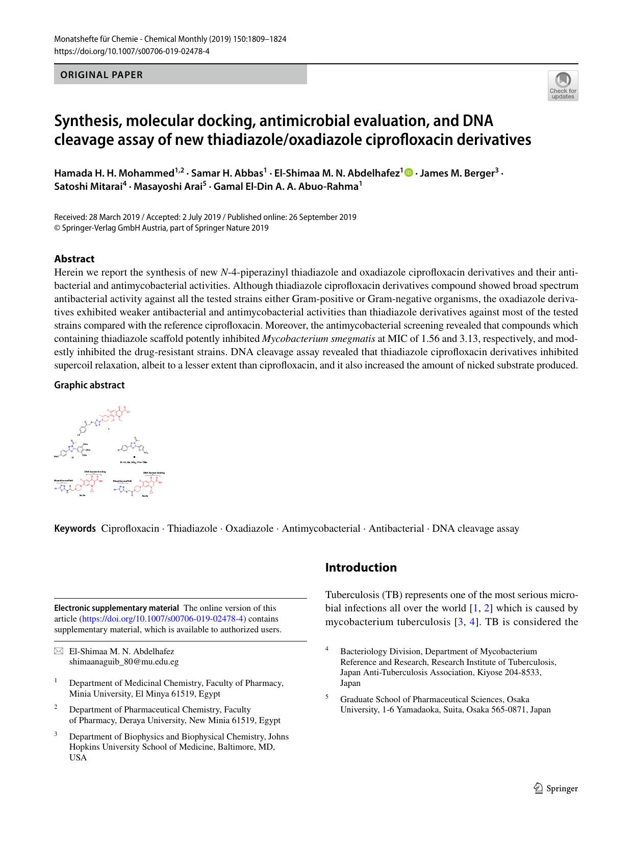 Synthesis, molecular docking, antimicrobial evaluation, and DNA cleavage assay of new thiadiazoleoxadiazole ciprofloxacin derivatives by unknow