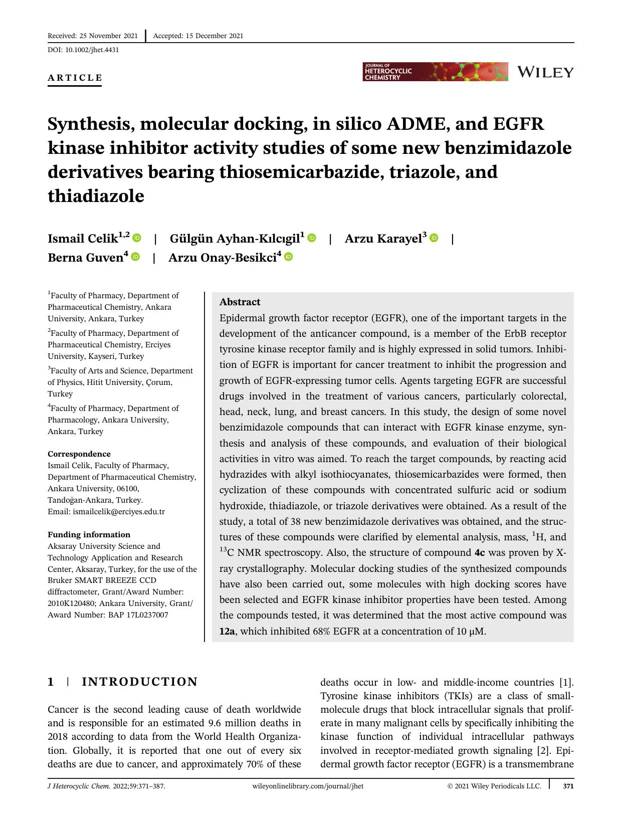 Synthesis, molecular docking, in silico ADME and EGFR kinase inhibitor activity studies of some new benzimidazole derivatives bearing thiosemicarbazide, triazole and thiadiazole by Unknown