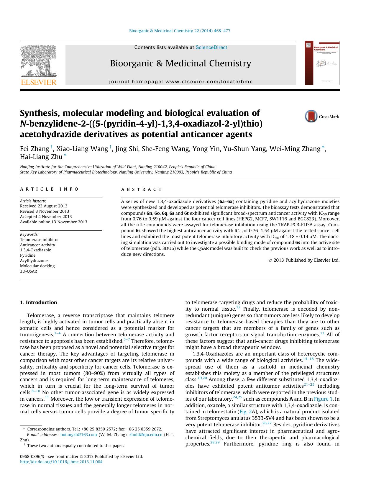 Synthesis, molecular modeling and biological evaluation of N-benzylidene-2-((5-(pyridin-4-yl)-1,3,4-oxadiazol-2-yl)thio)acetohydrazide derivatives as potential anticancer agents by unknow