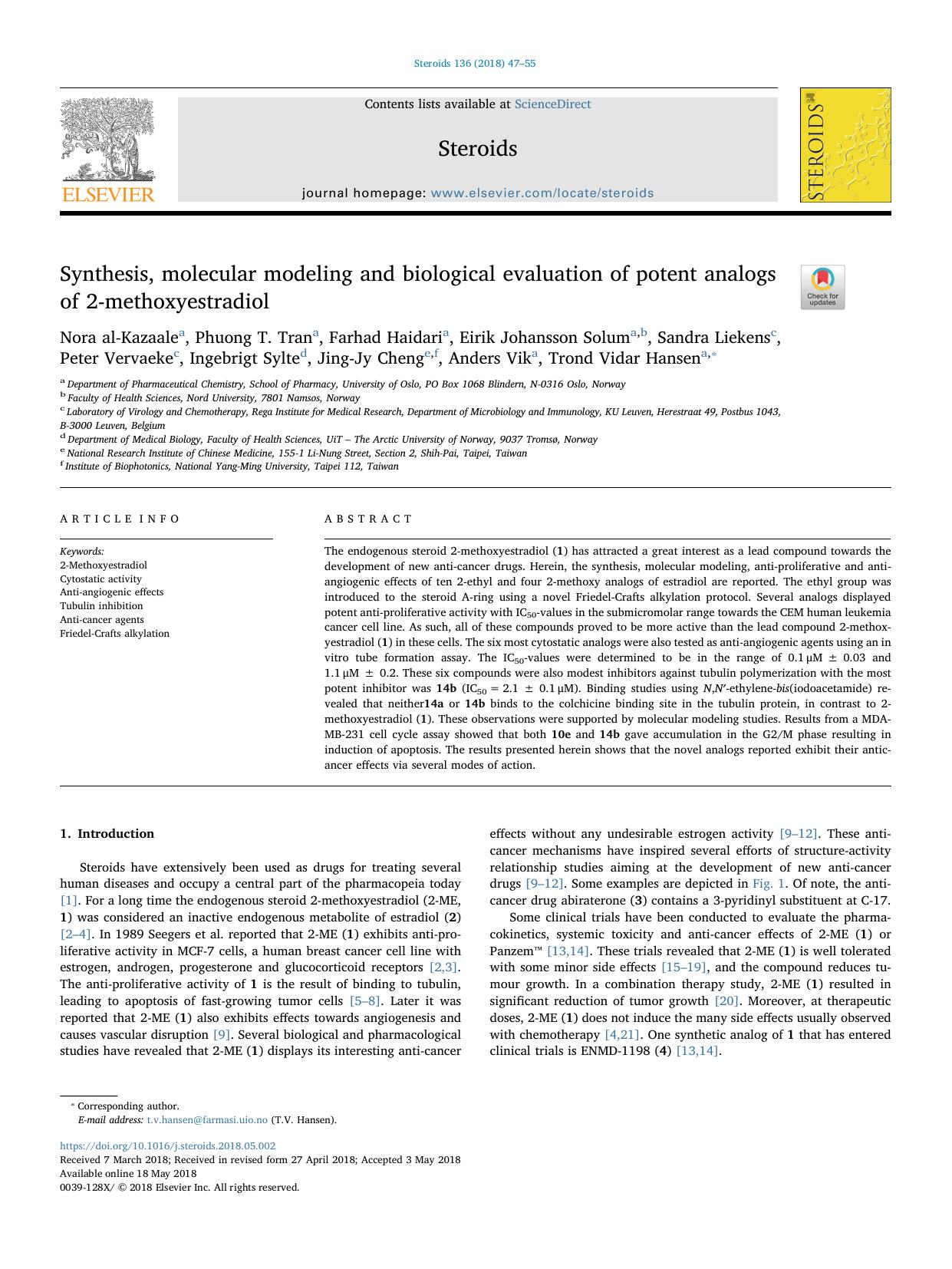 Synthesis, molecular modeling and biological evaluation of potent analogs of 2-methoxyestradiol by unknow