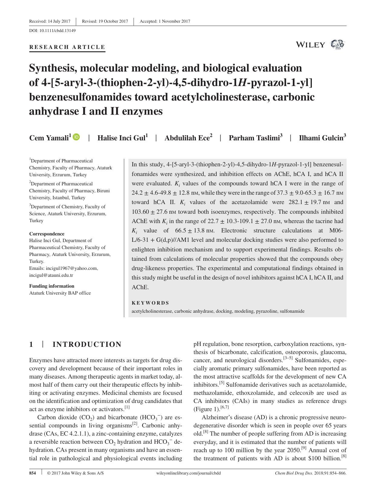Synthesis, molecular modeling, and biological evaluation of 4‐[5‐aryl‐3‐(thiophen‐2‐yl)‐4,5‐dihydro‐1H‐pyrazol‐1‐yl] benzenesulfonamides toward acetylcholin by unknow