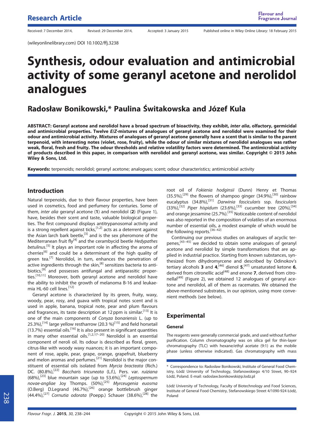 Synthesis, odour evaluation and antimicrobial activity of some geranyl acetone and nerolidol analogues by Radosław Bonikowski & Paulina Świtakowska & Józef Kula