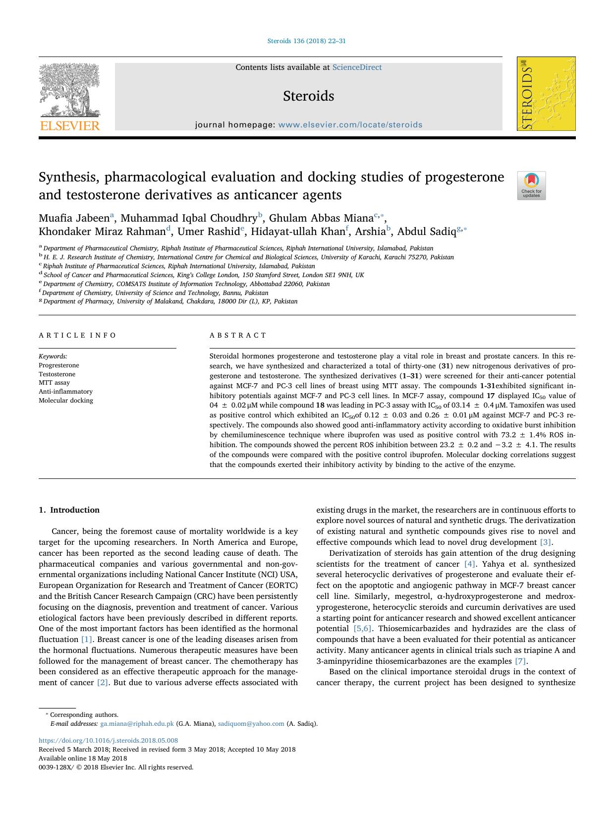Synthesis, pharmacological evaluation and docking studies of progesterone and testosterone derivatives as anticancer agents by unknow