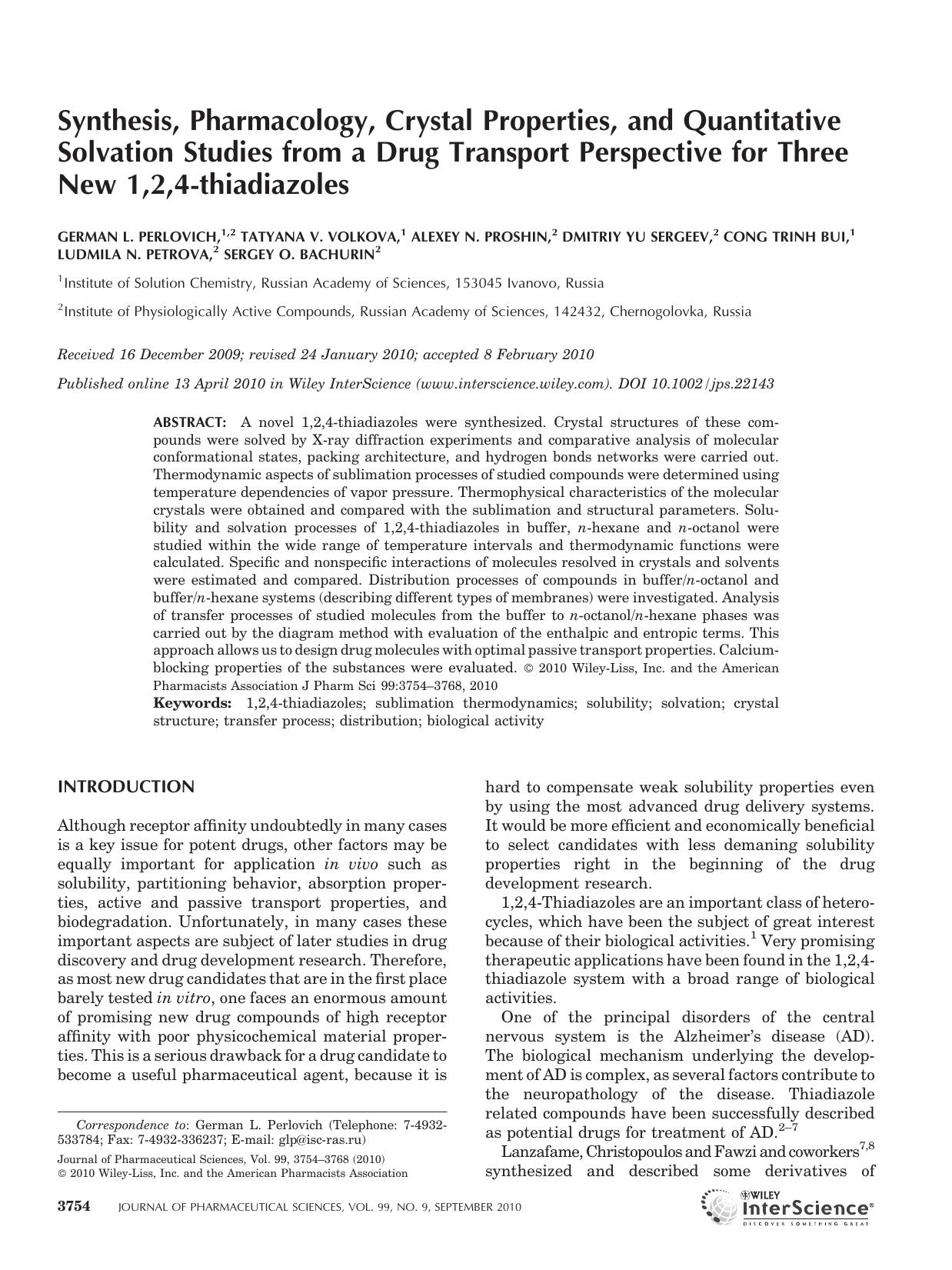 Synthesis, pharmacology, crystal properties, and quantitative solvation studies from a drug transport perspective for three new 1,2,4?thiadiazoles by Unknown
