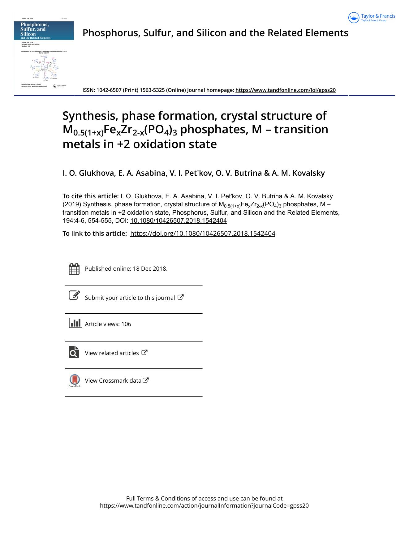 Synthesis, phase formation, crystal structure of M0.5(1+x)FexZr2-x(PO4)3 phosphates, M â transition metals in +2 oxidation state by Glukhova I. O. & Asabina E. A. & Pet'kov V. I. & Butrina O. V. & Kovalsky A. M