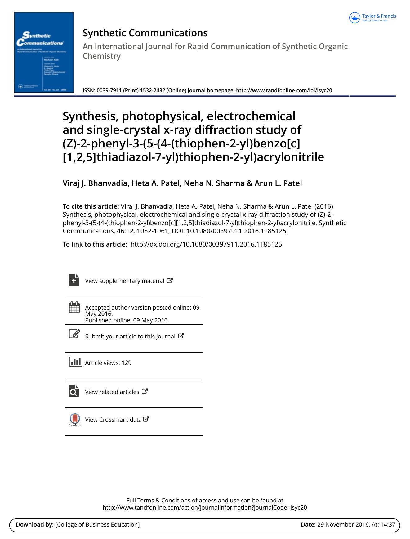 Synthesis, photophysical, electrochemical and single-crystal x-ray diffraction study of (Z)-2-phenyl-3-(5-(4-(thiophen-2-yl)benzo[c][1,2,5]thiadiazol-7-yl)thiophen-2-yl)acrylonitrile by Viraj J. Bhanvadia