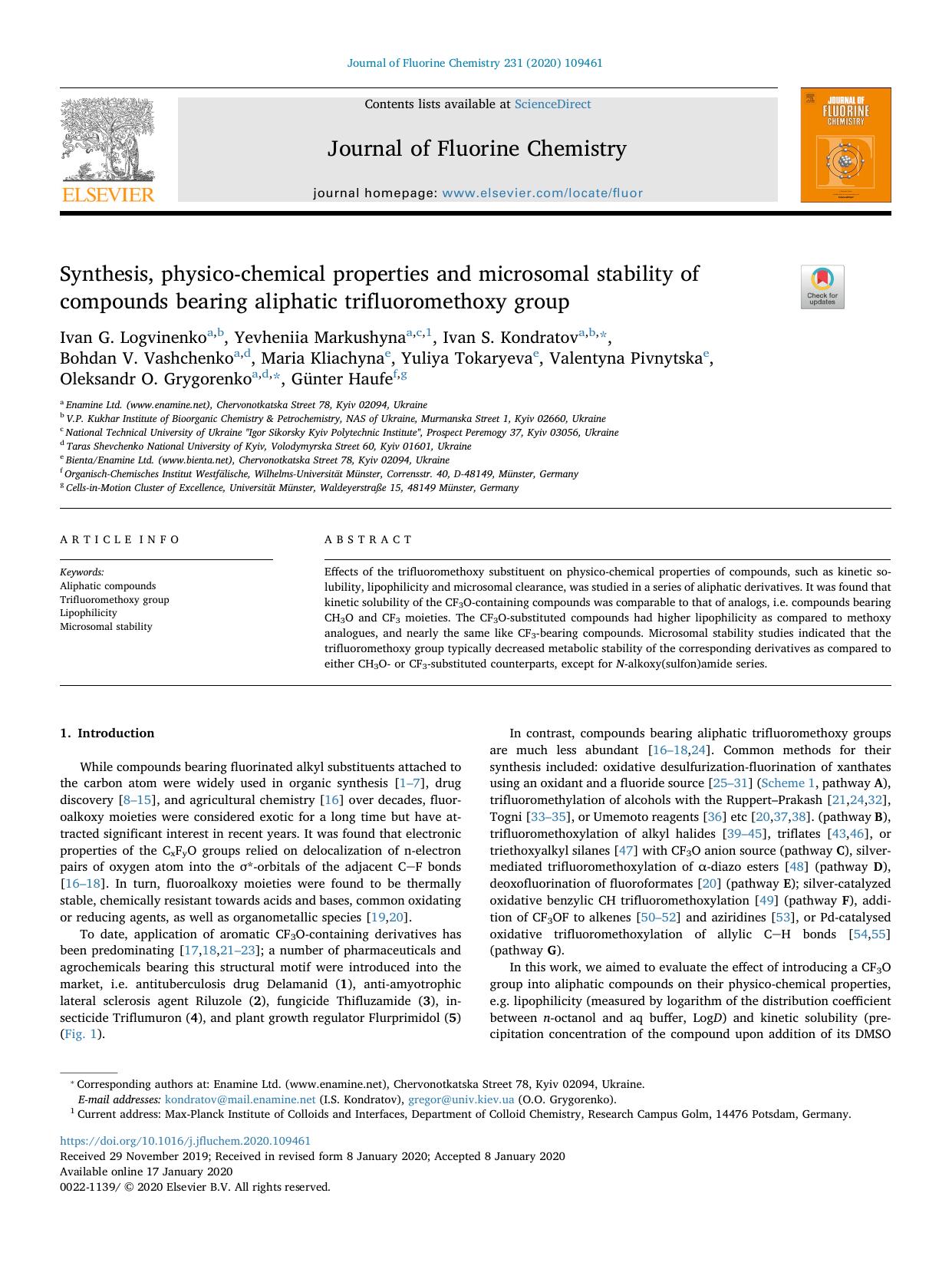 Synthesis, physico-chemical properties and microsomal stability of compounds bearing aliphatic trifluoromethoxy group by unknow