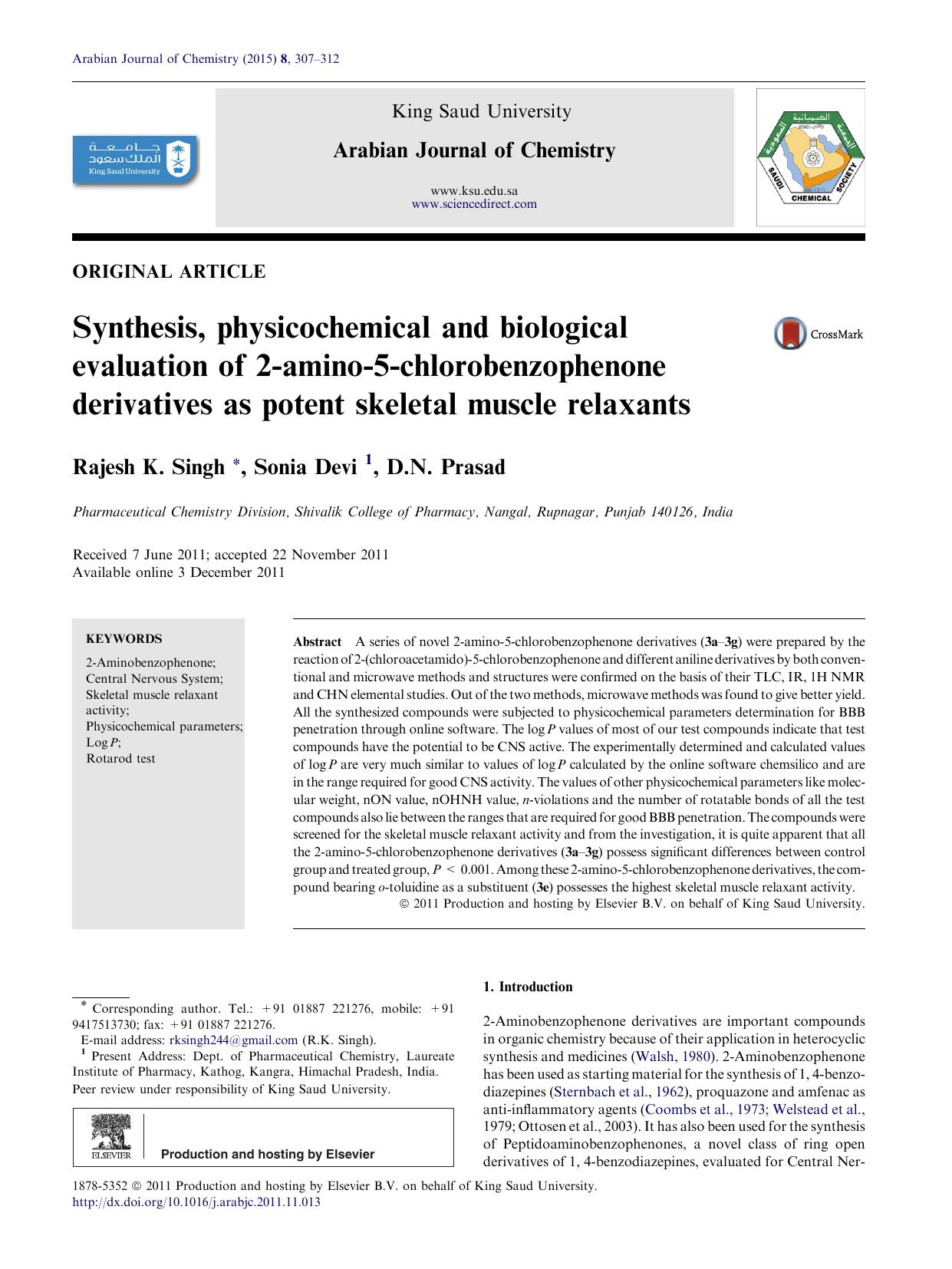 Synthesis, physicochemical and biological evaluation of 2-amino-5-chlorobenzophenone derivatives as potent skeletal muscle relaxants by Rajesh K. Singh & Sonia Devi & D.N. Prasad