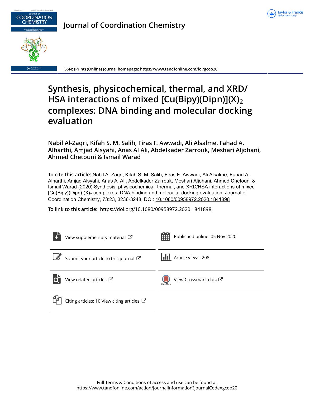 Synthesis, physicochemical, thermal, and XRDHSA interactions of mixed [Cu(Bipy)(Dipn)](X)2 complexes: DNA binding and molecular docking evaluation by unknow