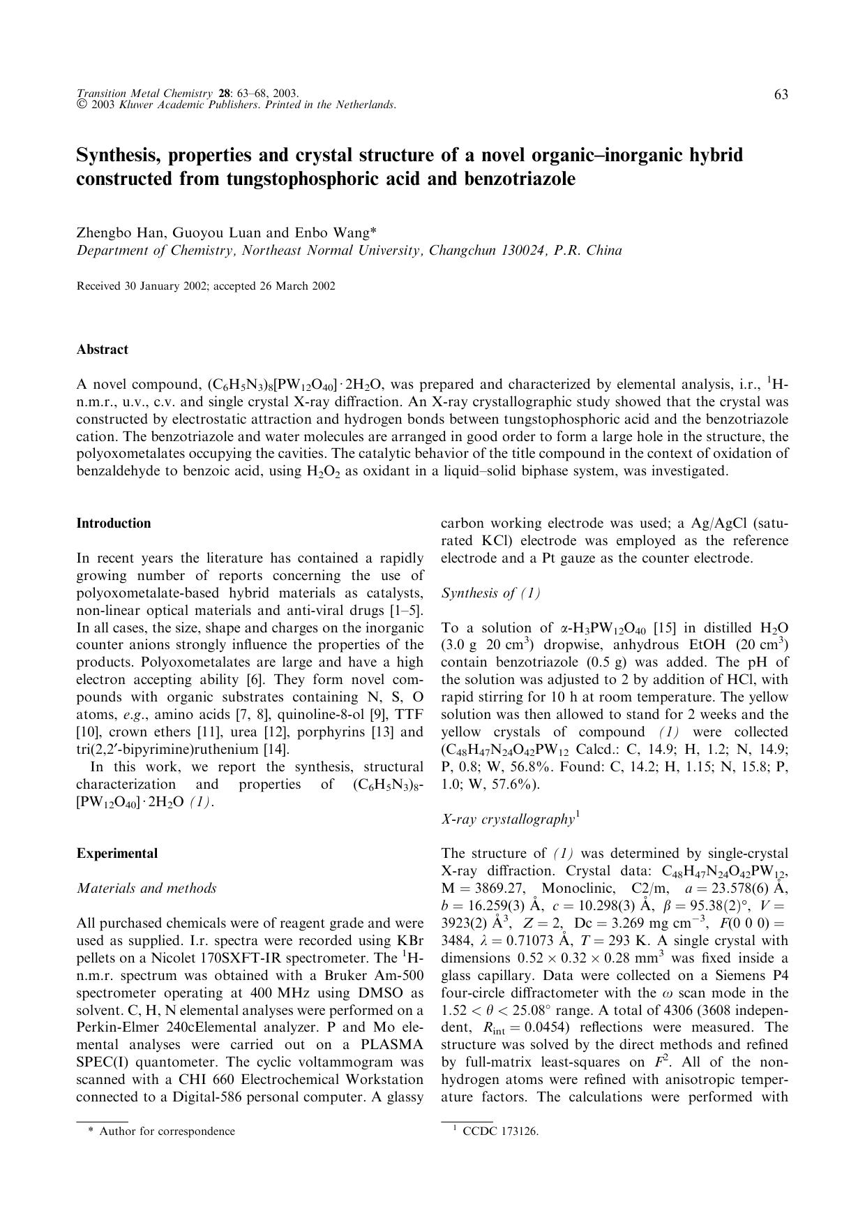 Synthesis, properties and crystal structure of a novel organic–inorganic hybrid constructed from tungstophosphoric acid and benzotriazole by Unknown