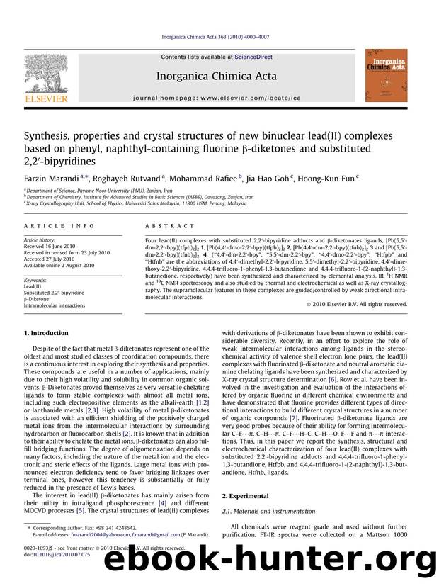 Synthesis, properties and crystal structures of new binuclear lead(II) complexes based on phenyl, naphthyl-containing fluorine ÃÂ²-diketones and substituted 2,2Ã¢â¬Â²-bipyridines by Farzin Marandi & Roghayeh Rutvand & Mohammad Rafiee & Jia Hao Goh & Hoong-Kun Fun