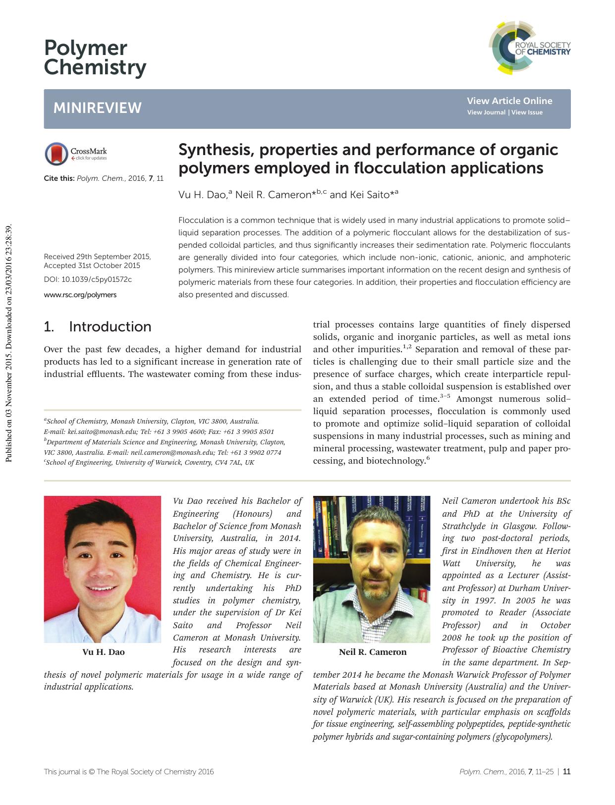 Synthesis, properties and performance of organic polymers employed in flocculation applications by Vu H. Dao Neil R. Cameron Kei Saito