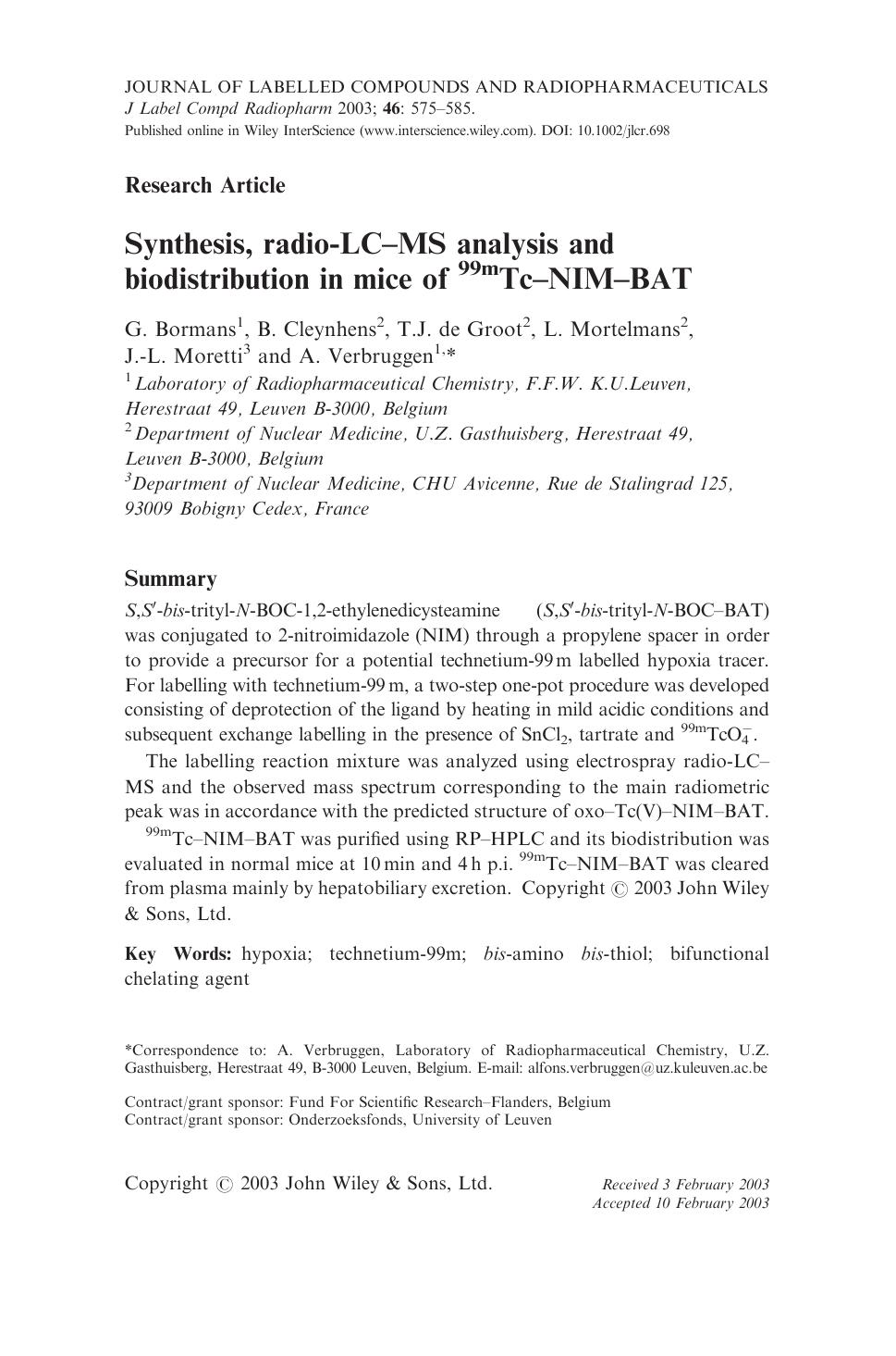 Synthesis, radio-LC-MS analysis and biodistribution in mice of 99mTc-NIM-BAT by Unknown