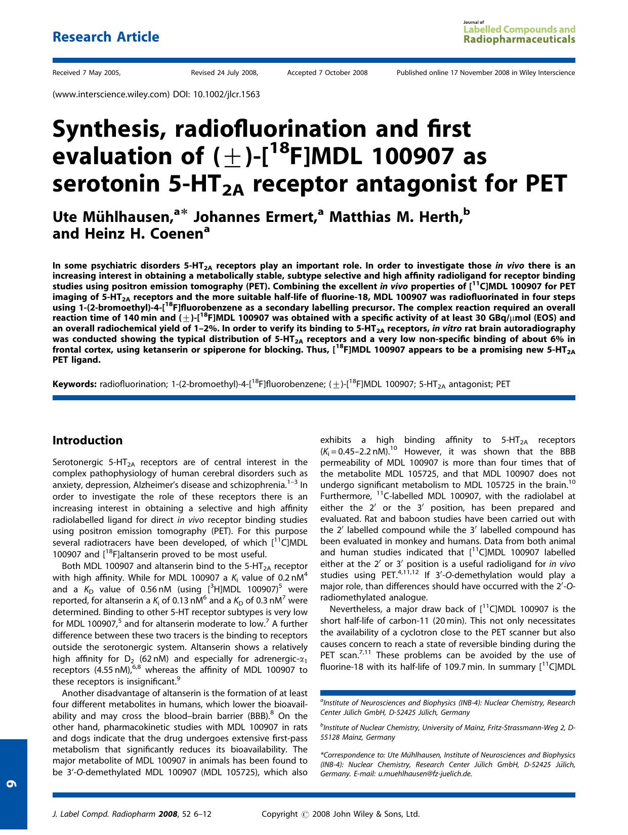 Synthesis, radiofluorination and first evaluation of (Â±)-[18F]MDL 100907 as serotonin 5-HT2A receptor antagonist for PET by Unknown