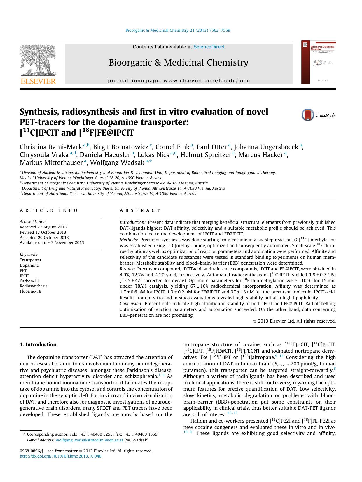 Synthesis, radiosynthesis and first in vitro evaluation of novel PET-tracers for the dopamine transporter: [11C]IPCIT and [18F]FE@IPCIT by unknow