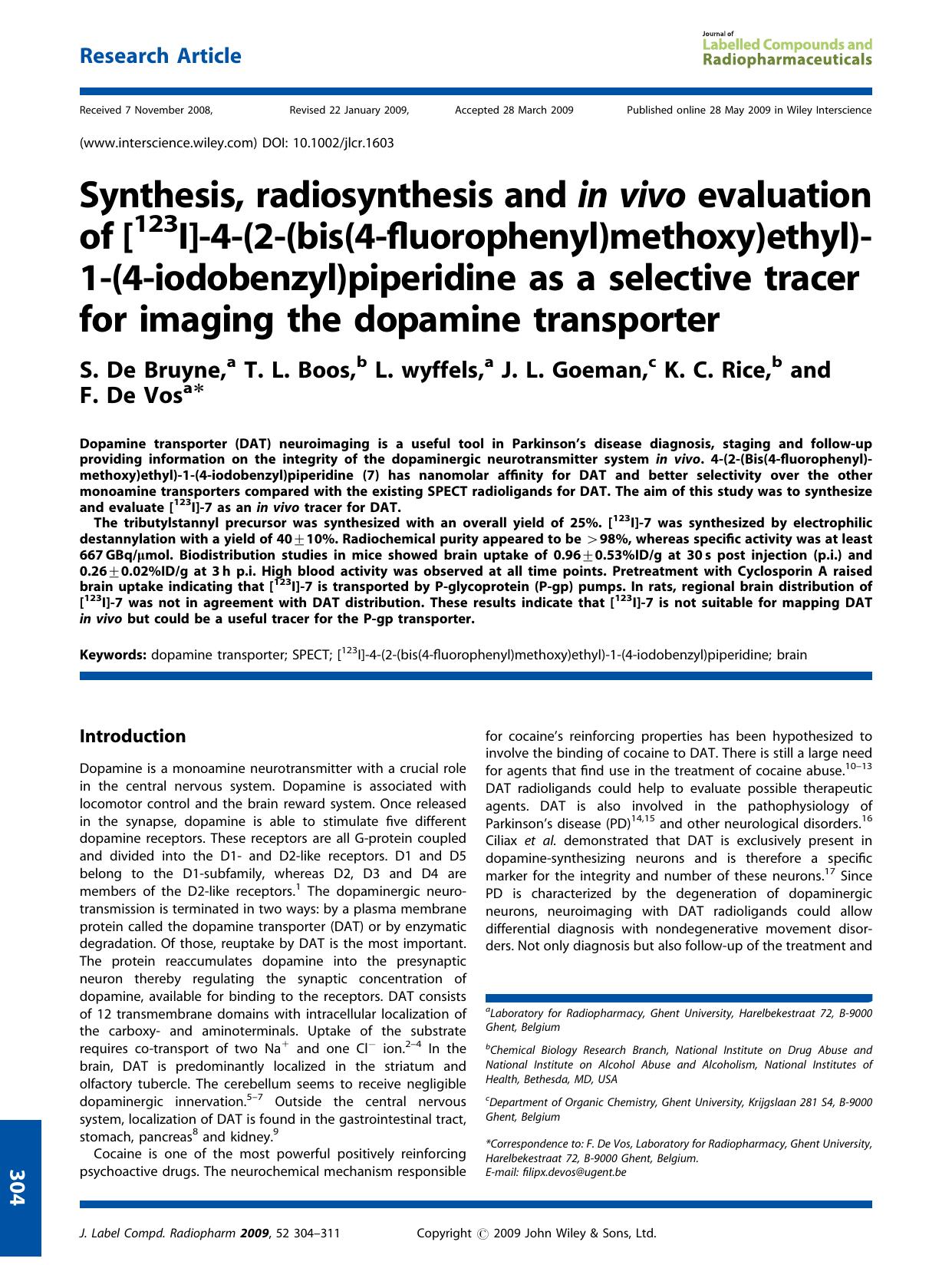 Synthesis, radiosynthesis and in vivo evaluation of [123I]-4-(2-(bis(4-fluorophenyl)methoxy)ethyl)-1-(4-iodobenzyl)piperidine as a selective tracer for imaging the dopamine transporter by Unknown