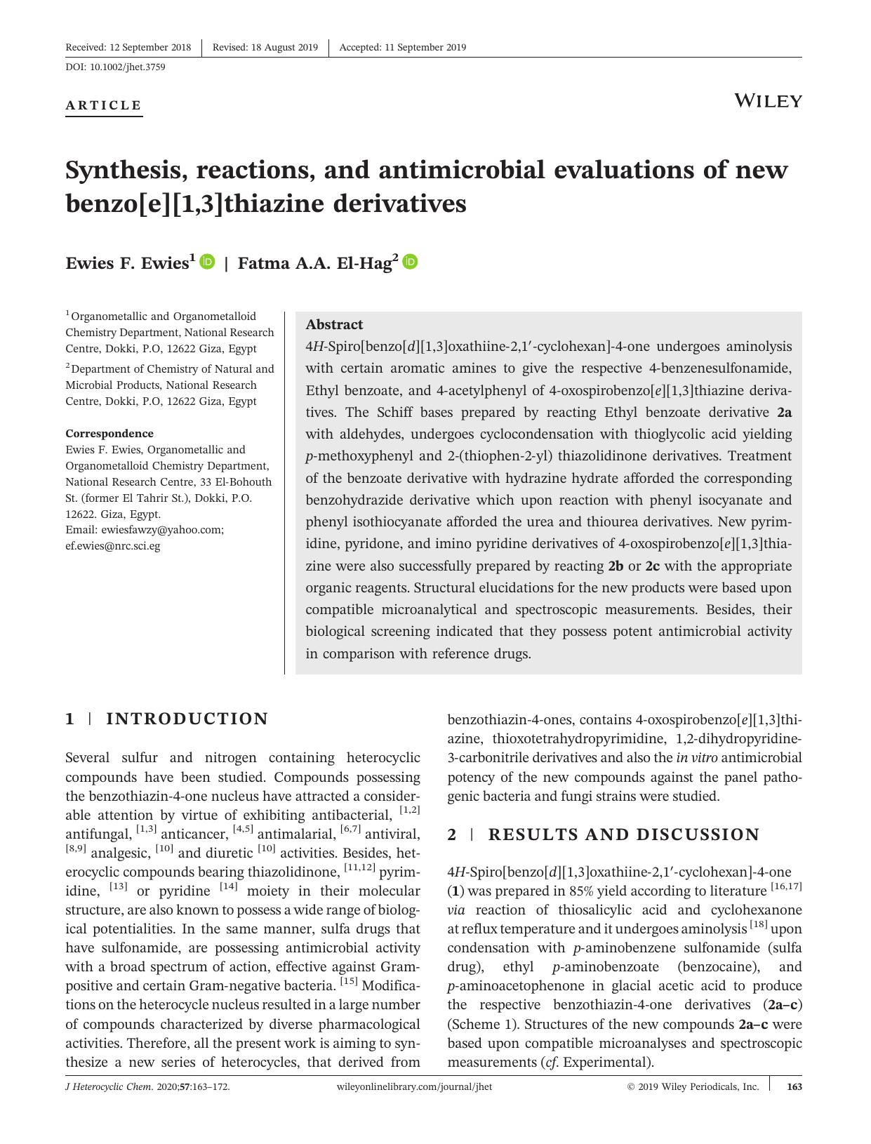 Synthesis, reactions, and antimicrobial evaluations of new benzo[e][1,3]thiazine derivatives by Ewies F. Ewies & Fatma A.A. El‐Hag