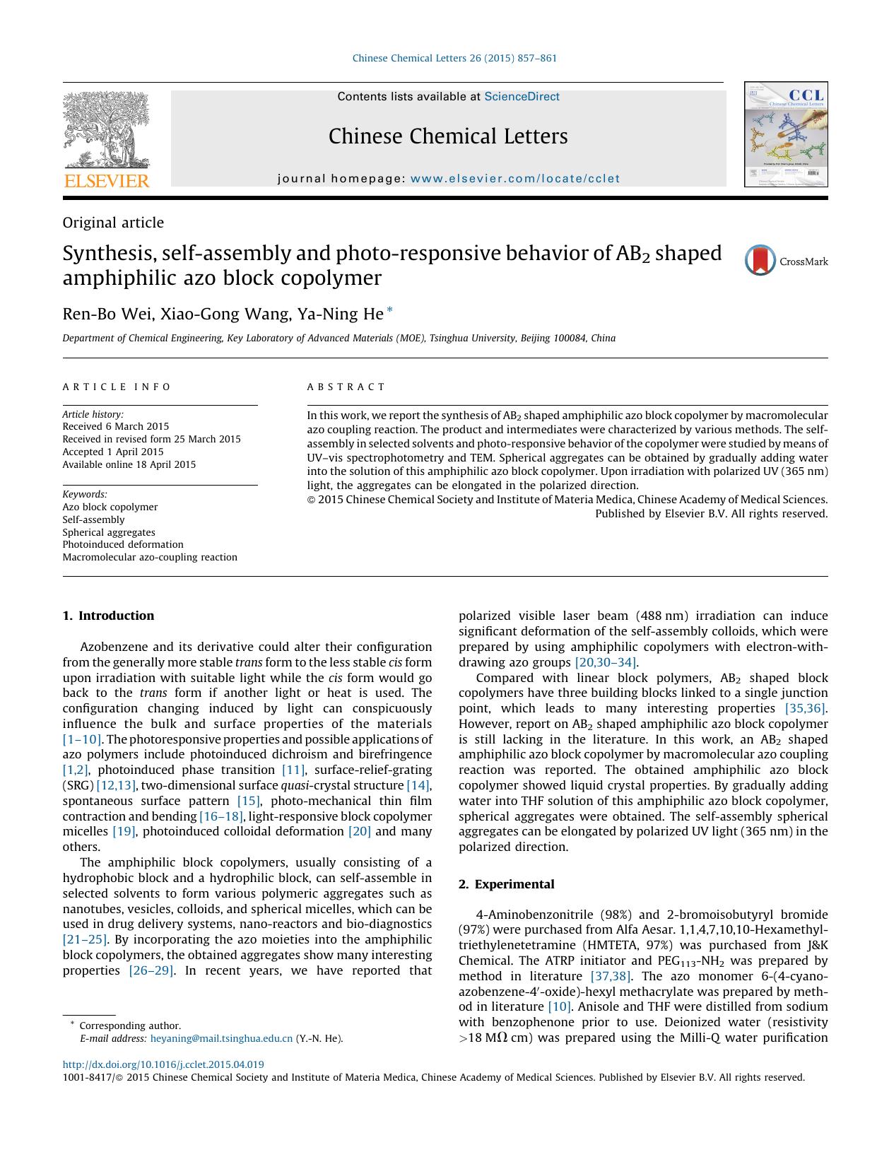 Synthesis, self-assembly and photo-responsive behavior of AB2 shaped amphiphilic azo block copolymer by Ren-Bo Wei & Xiao-Gong Wang & Ya-Ning He