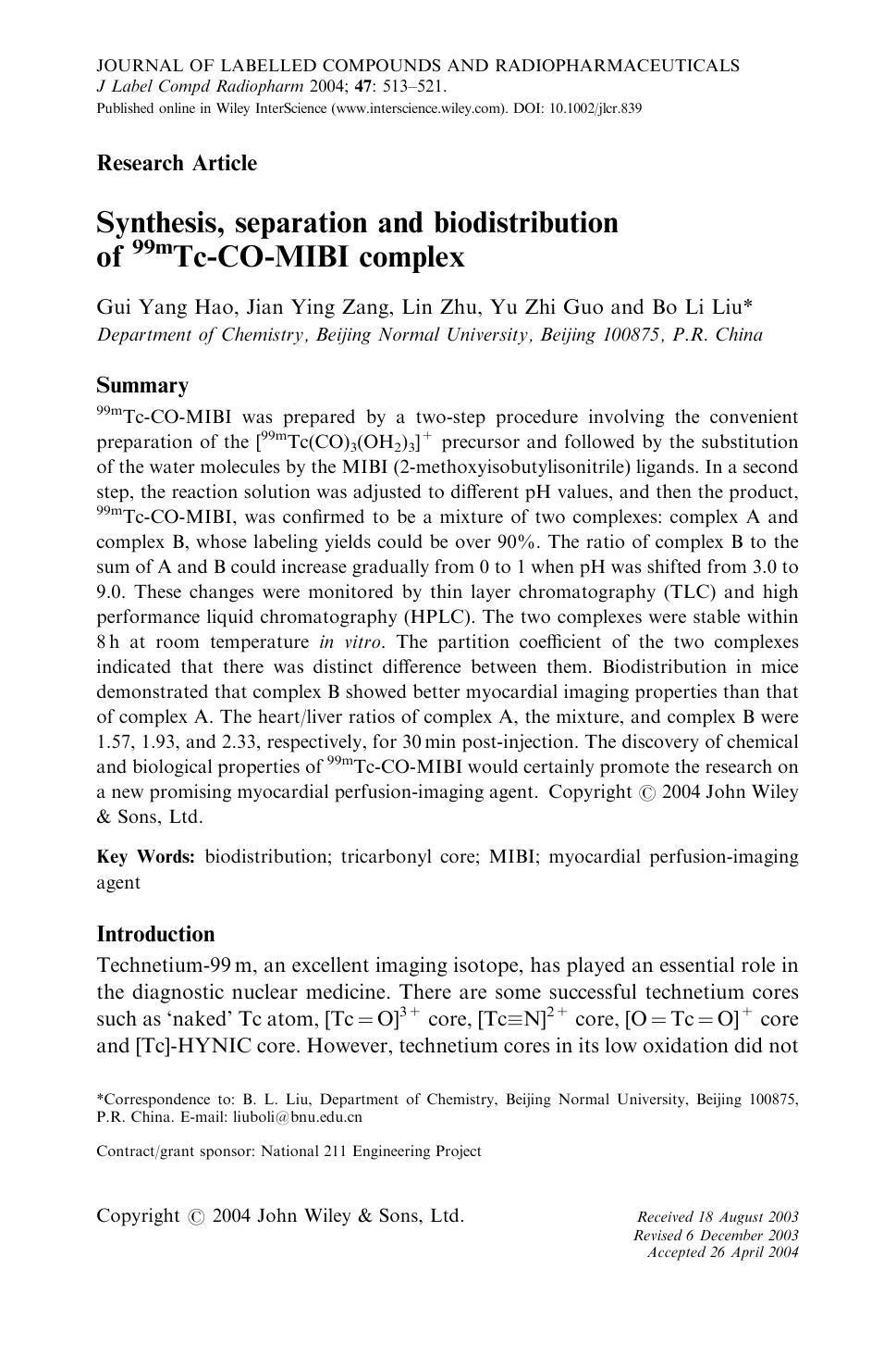 Synthesis, separation and biodistribution of 99mTc-CO-MIBI complex by Unknown